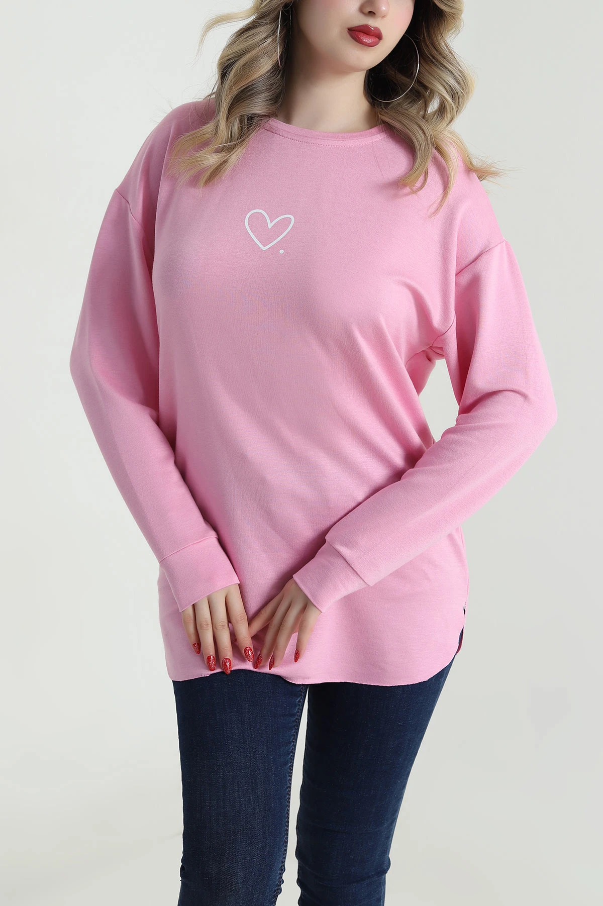 Pembe Kalp Baskılı Kristal Kadın Sweat Tunik 485621