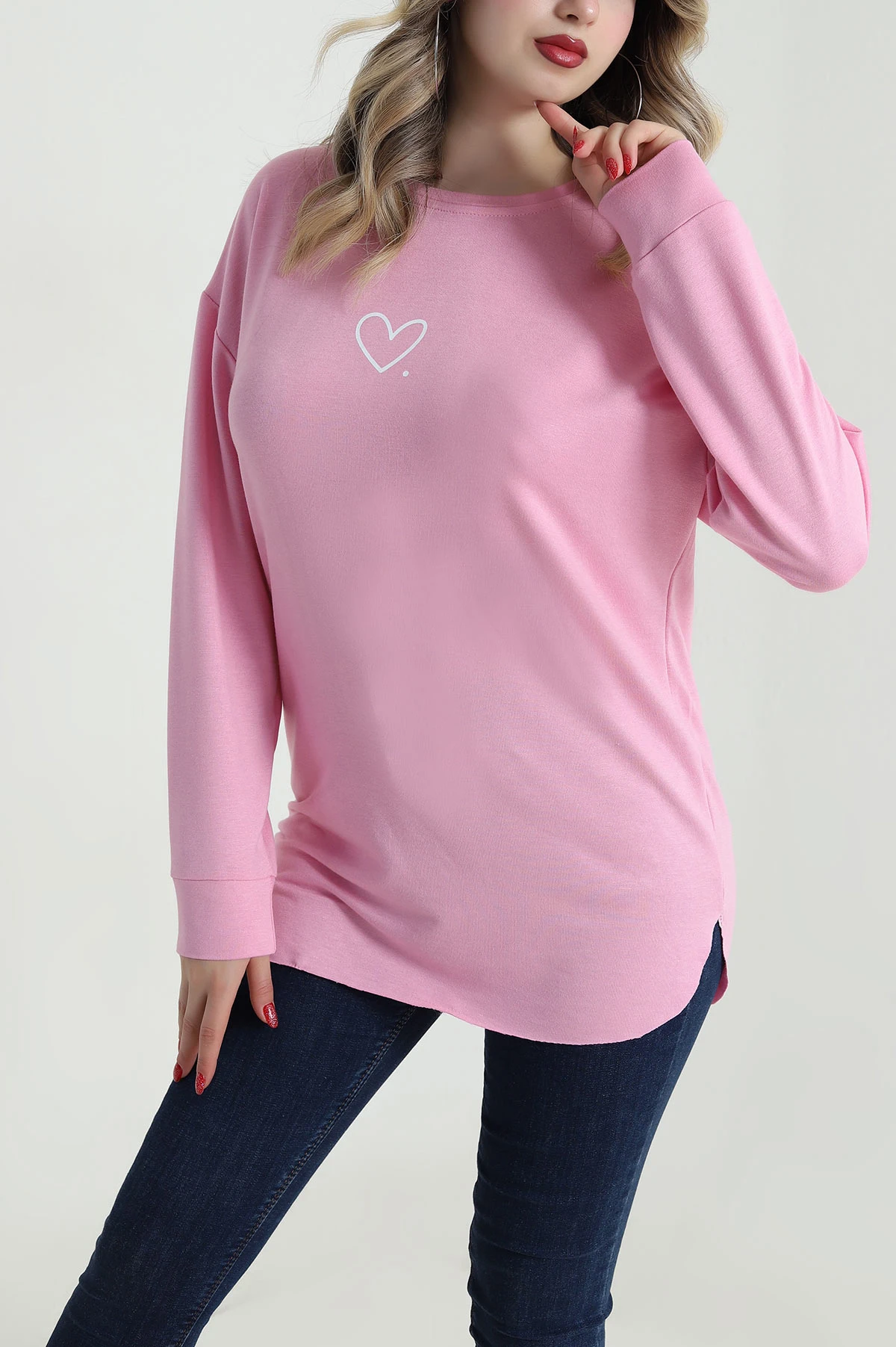 Pembe Kalp Baskılı Kristal Kadın Sweat Tunik 485621