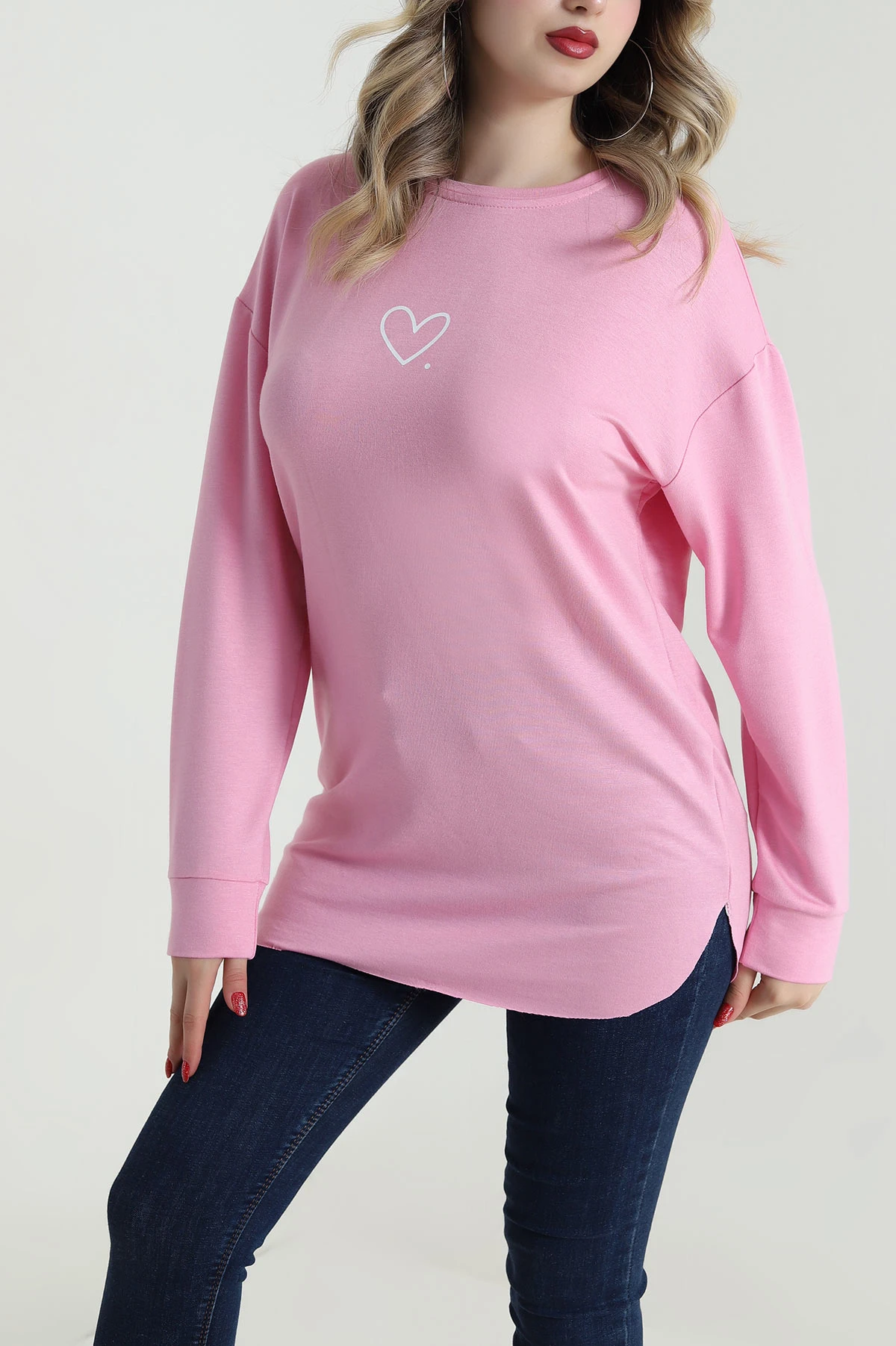Pembe Kalp Baskılı Kristal Kadın Sweat Tunik 485621