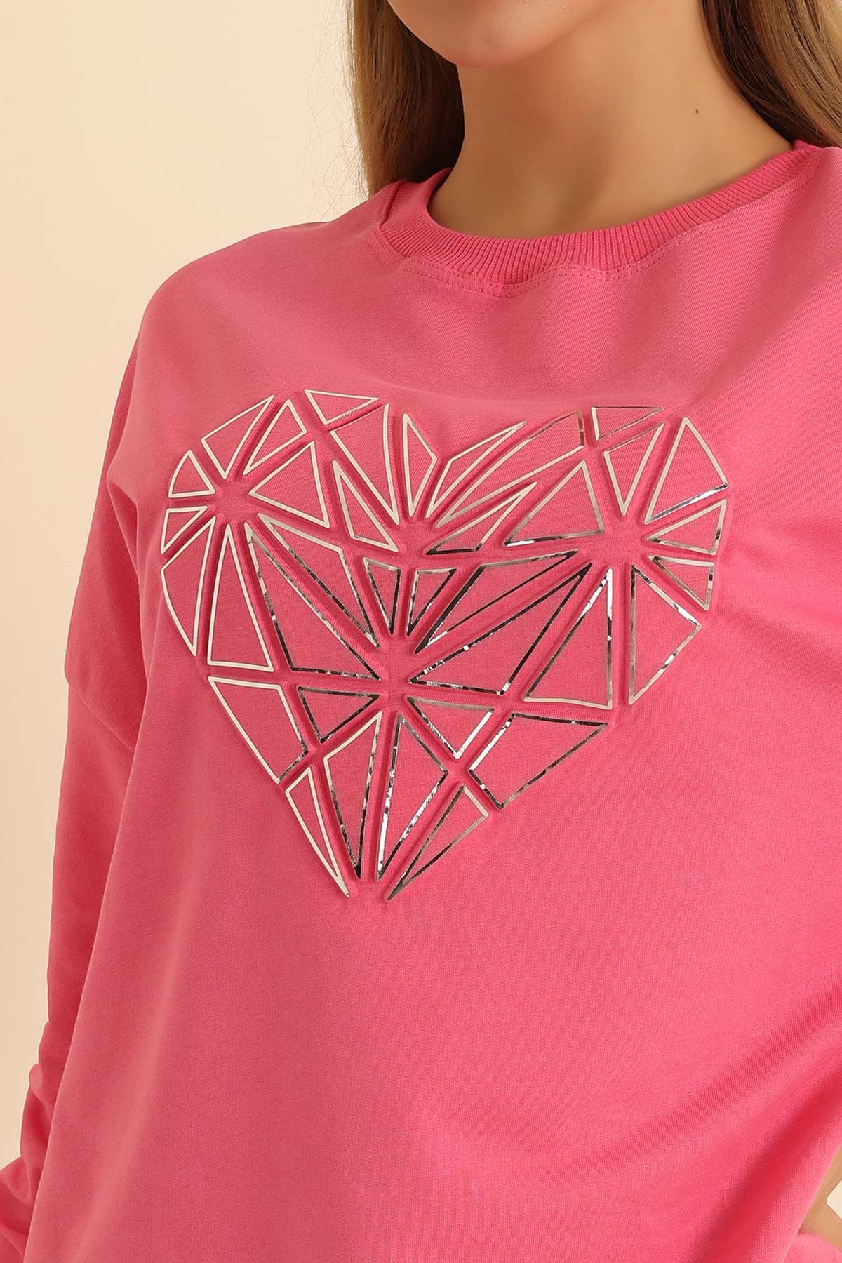 Pembe Kalp Gofre Baskılı Sweat 214404