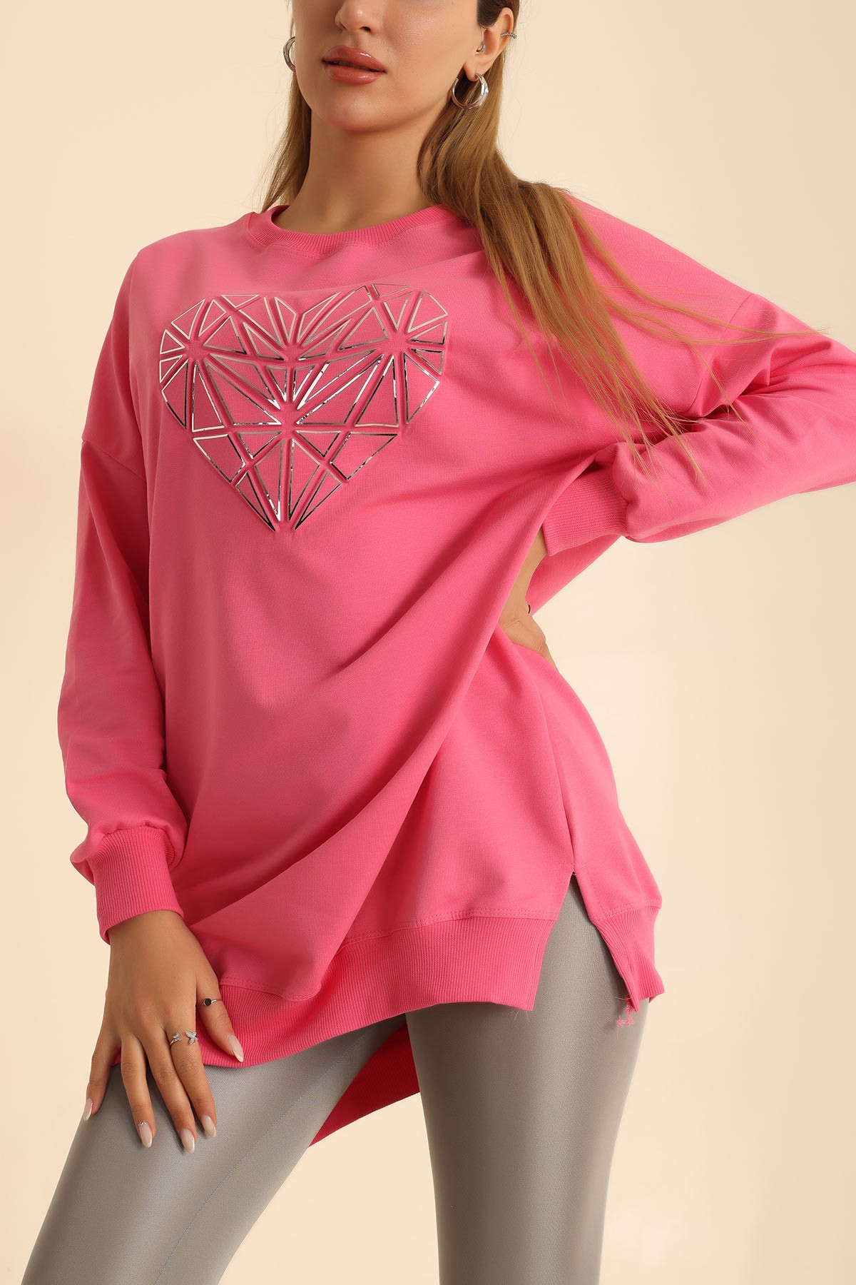 Pembe Kalp Gofre Baskılı Sweat 214404