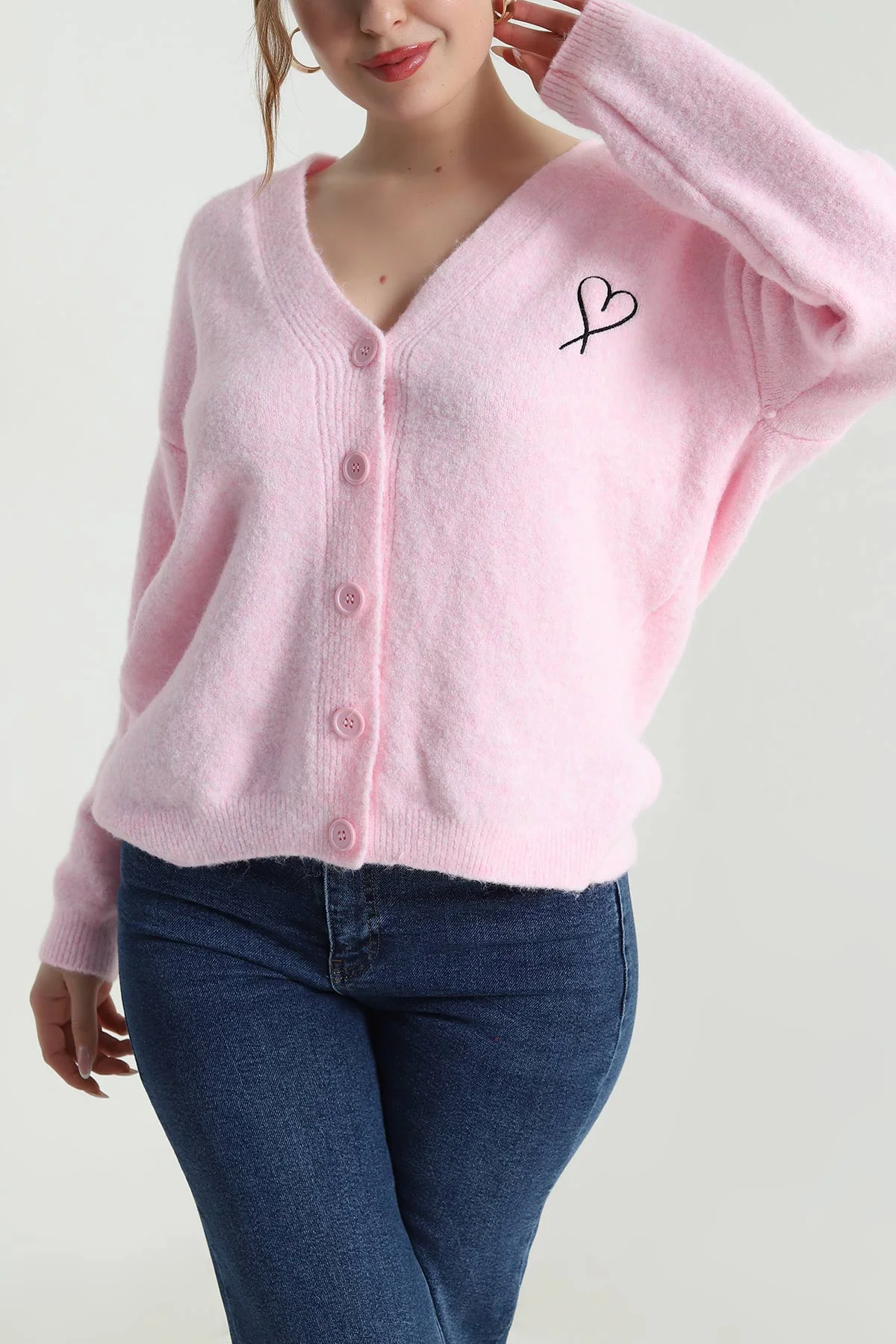 Pembe Kalp Nakışlı Triko Kadın Hırka 489435
