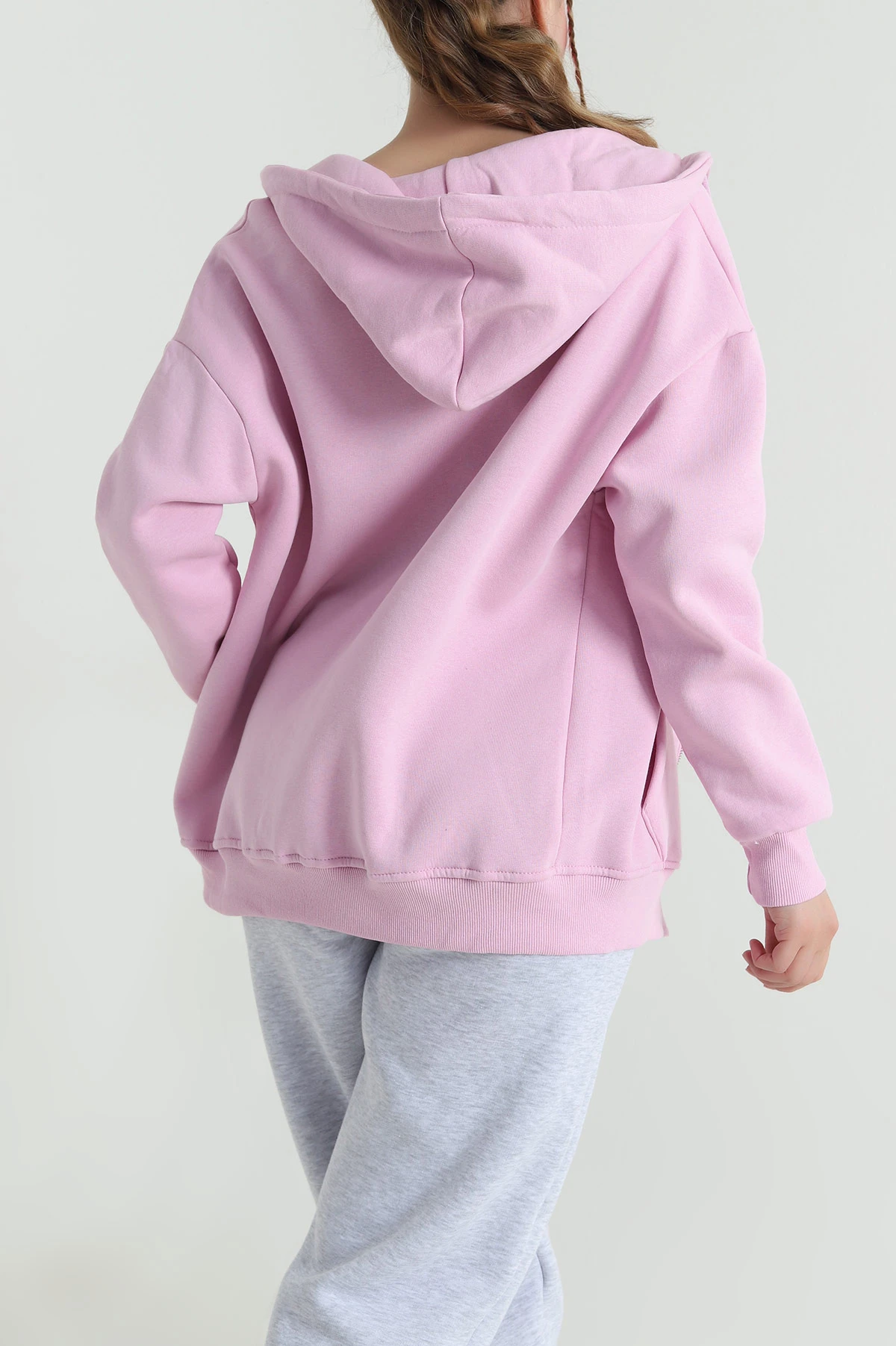 Pembe Kapşonlu Şardonlu Üç İp Kadın Sweat 482265
