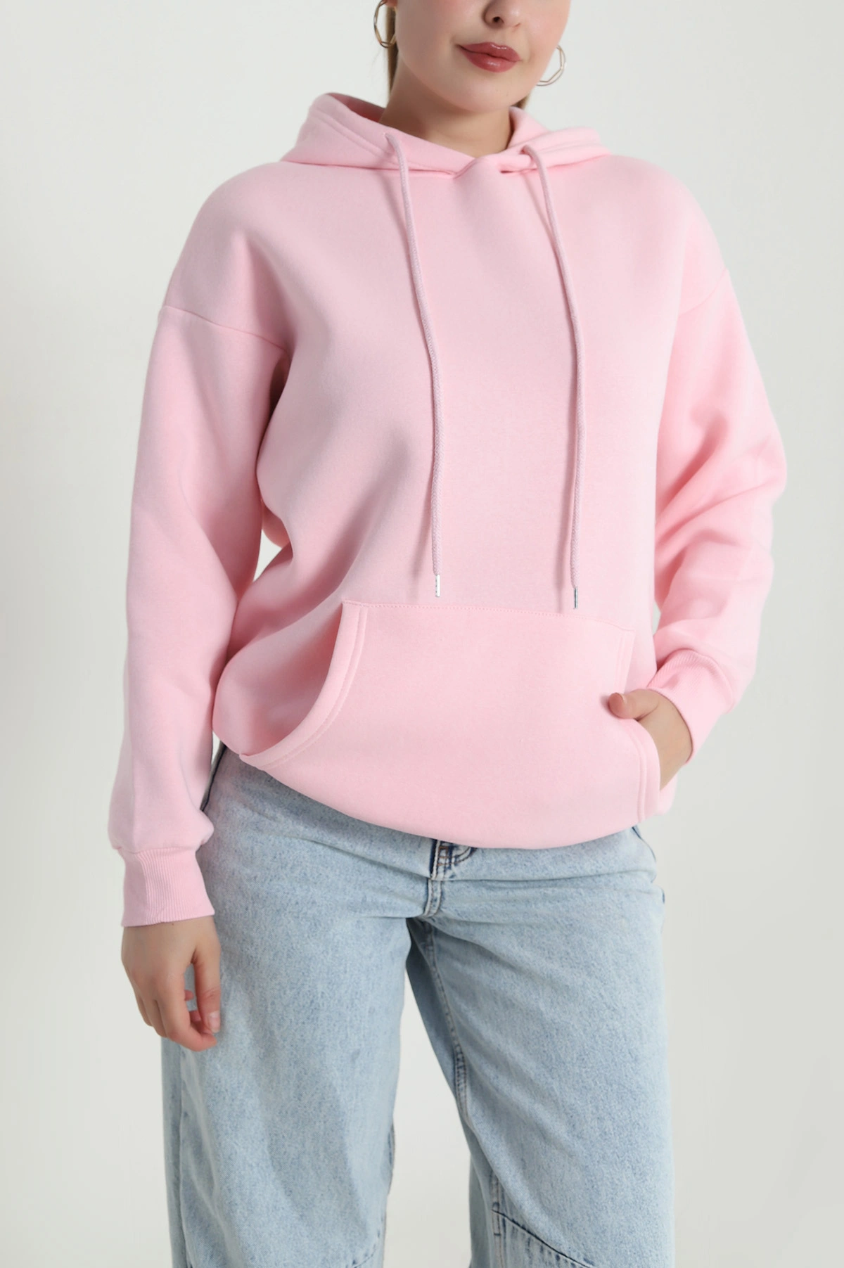 Pembe Kapşonlu Şardonlu Üç İp Kadın Sweat 484979