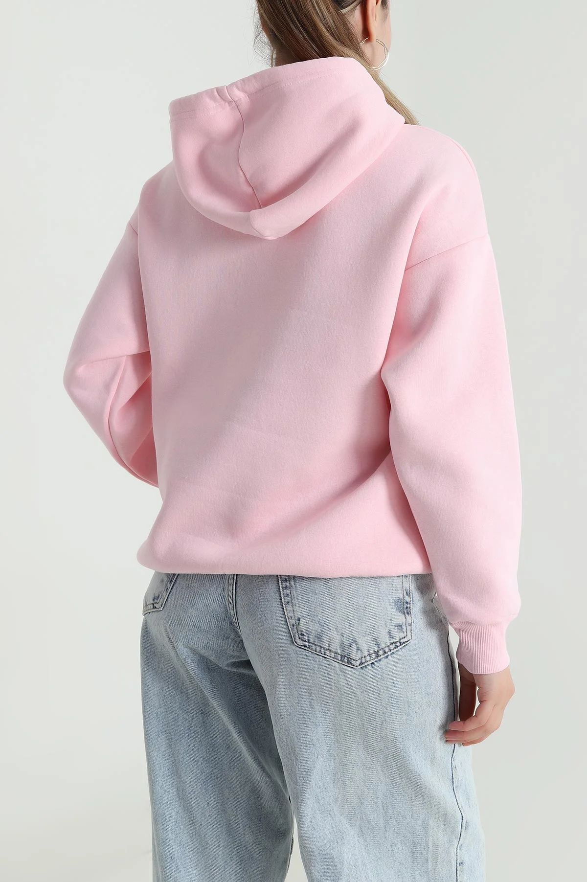 Pembe Kapşonlu Şardonlu Üç İp Kadın Sweat 484979