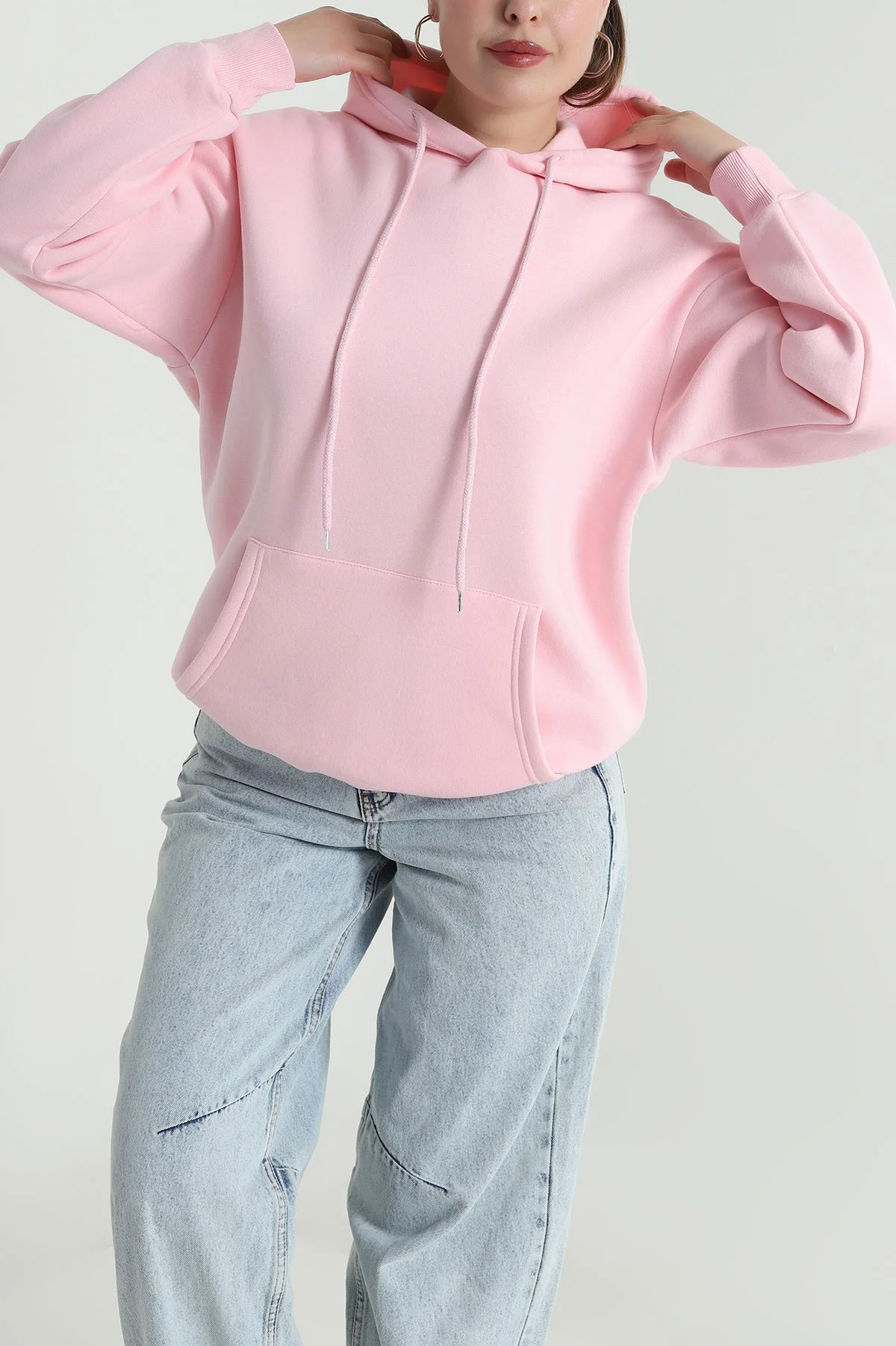 Pembe Kapşonlu Şardonlu Üç İp Kadın Sweat 484979