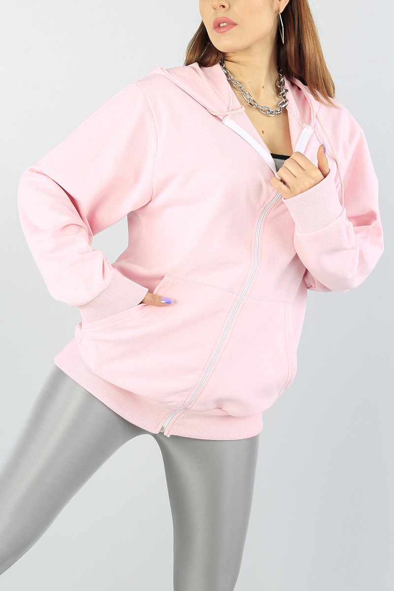Pembe kapüşonlu Bayan Fermuarlı Sweat 55553