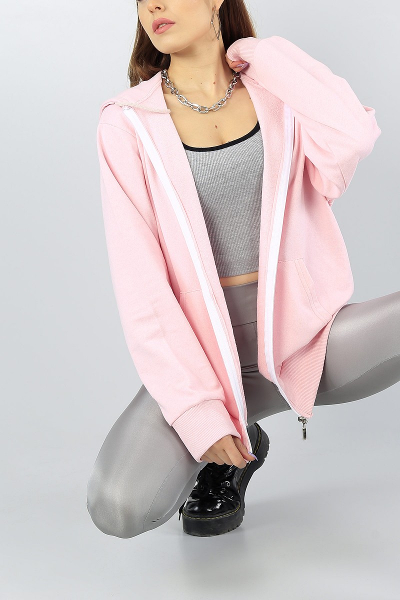 Pembe kapüşonlu Bayan Fermuarlı Sweat 55553
