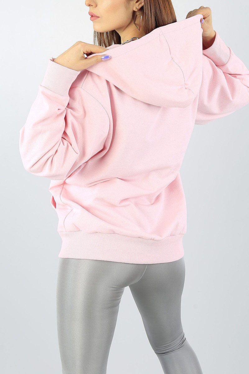 Pembe kapüşonlu Bayan Fermuarlı Sweat 55553