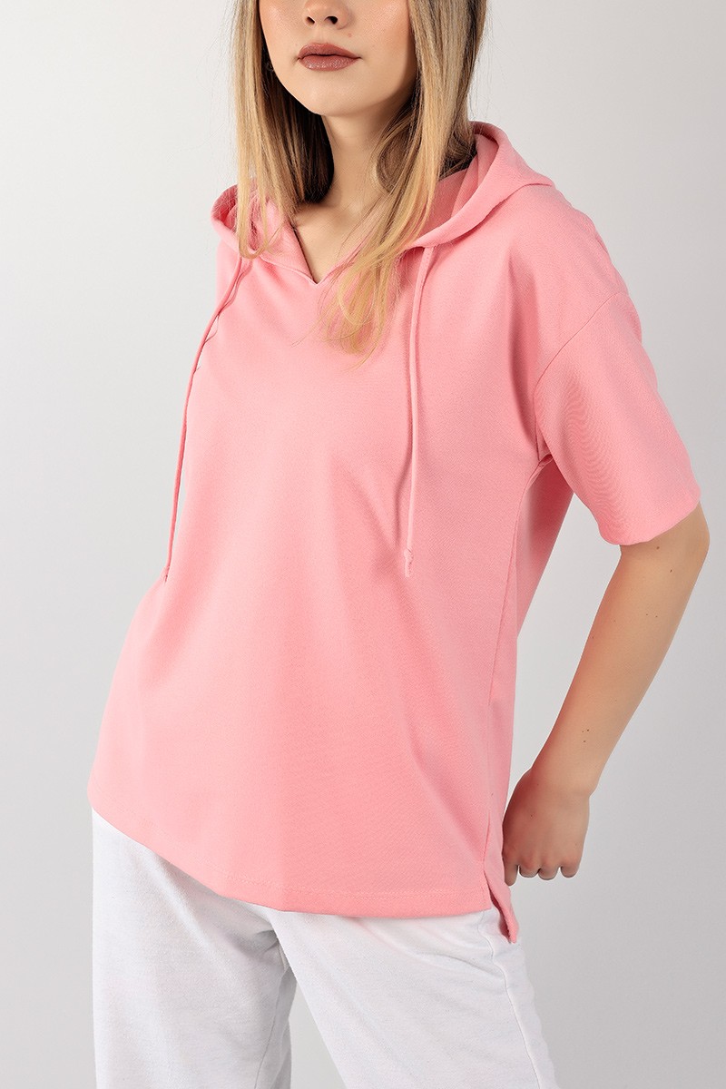 Pembe Kapüşonlu Bayan Tişört 101669
