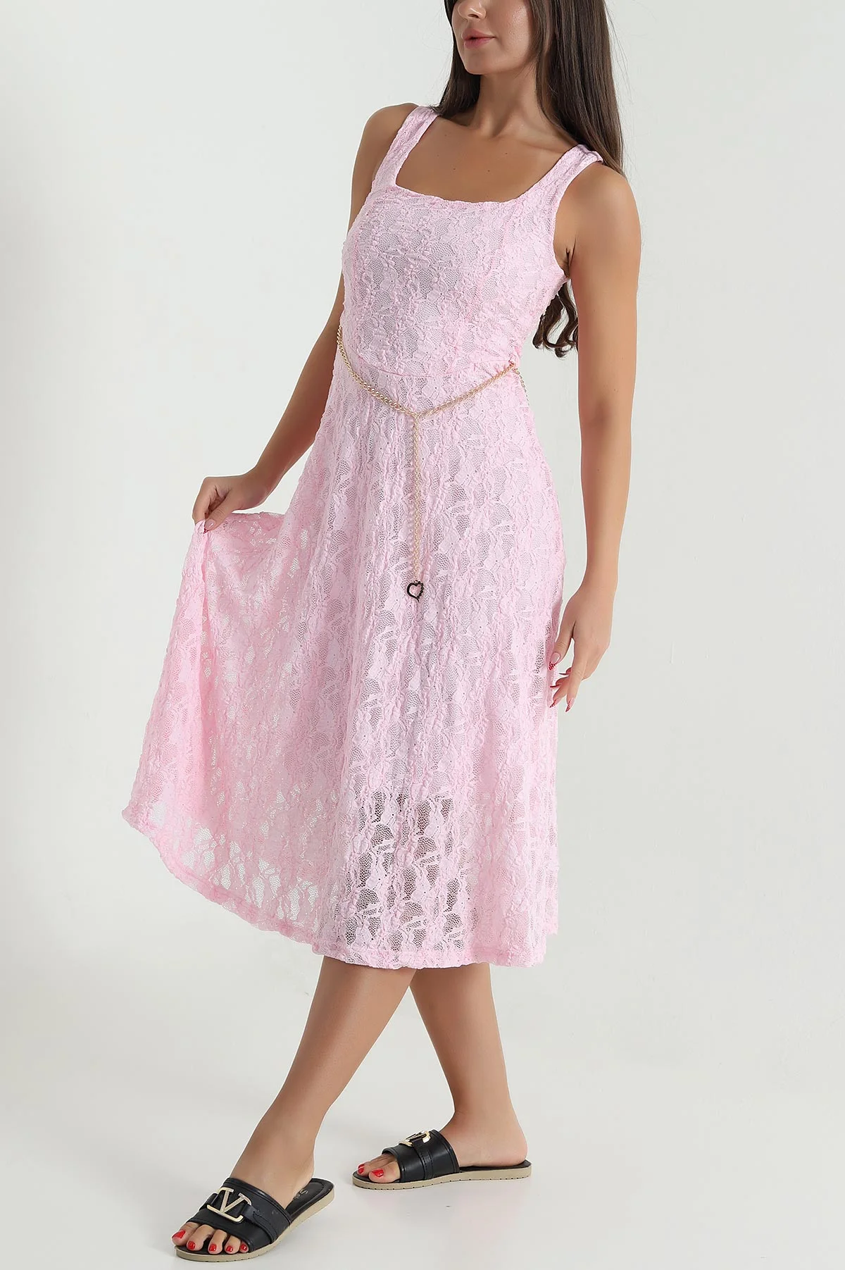 Pembe Kare Yaka Astarlı Dantel Kadın Elbise 473387