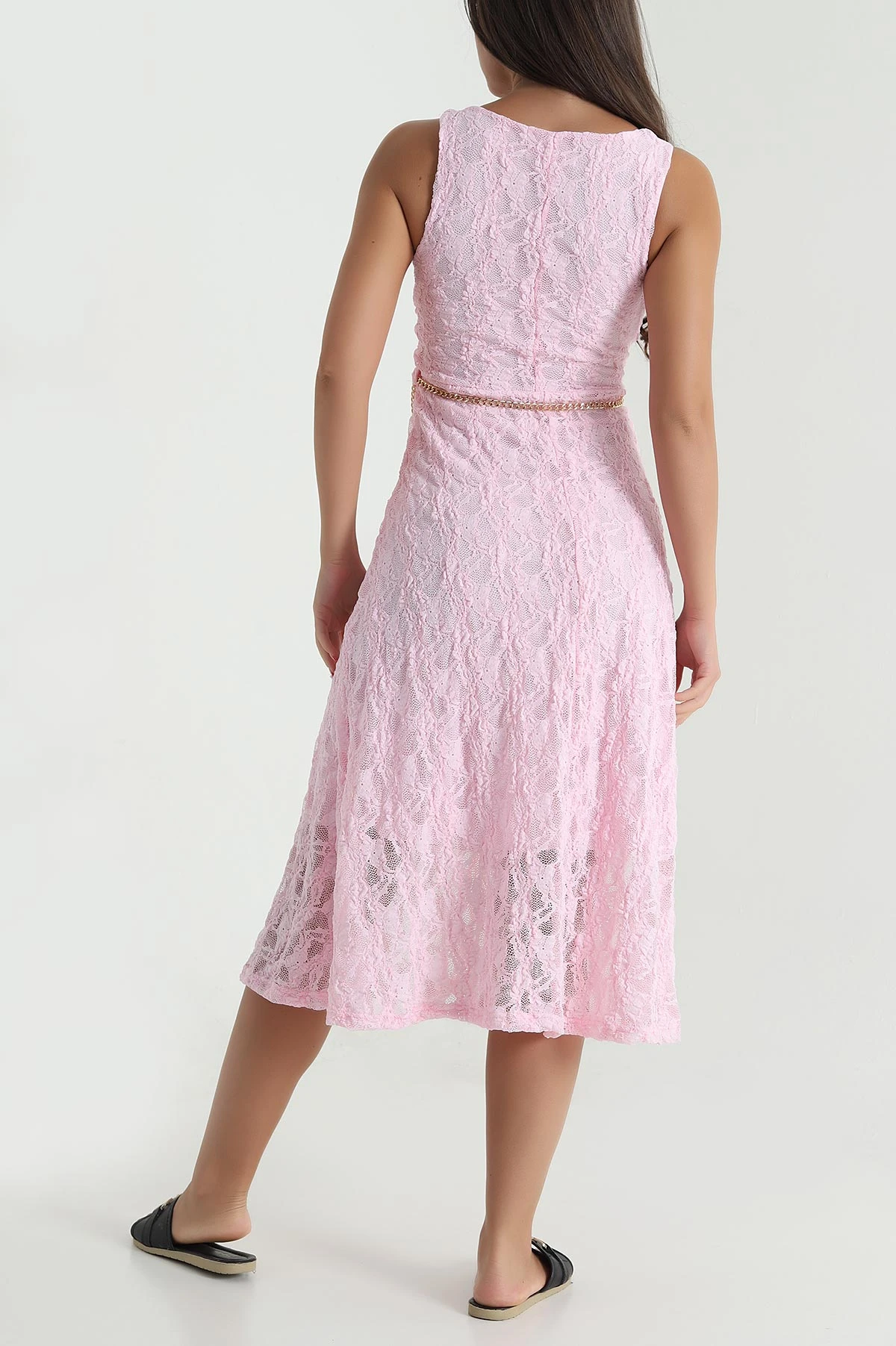 Pembe Kare Yaka Astarlı Dantel Kadın Elbise 473387