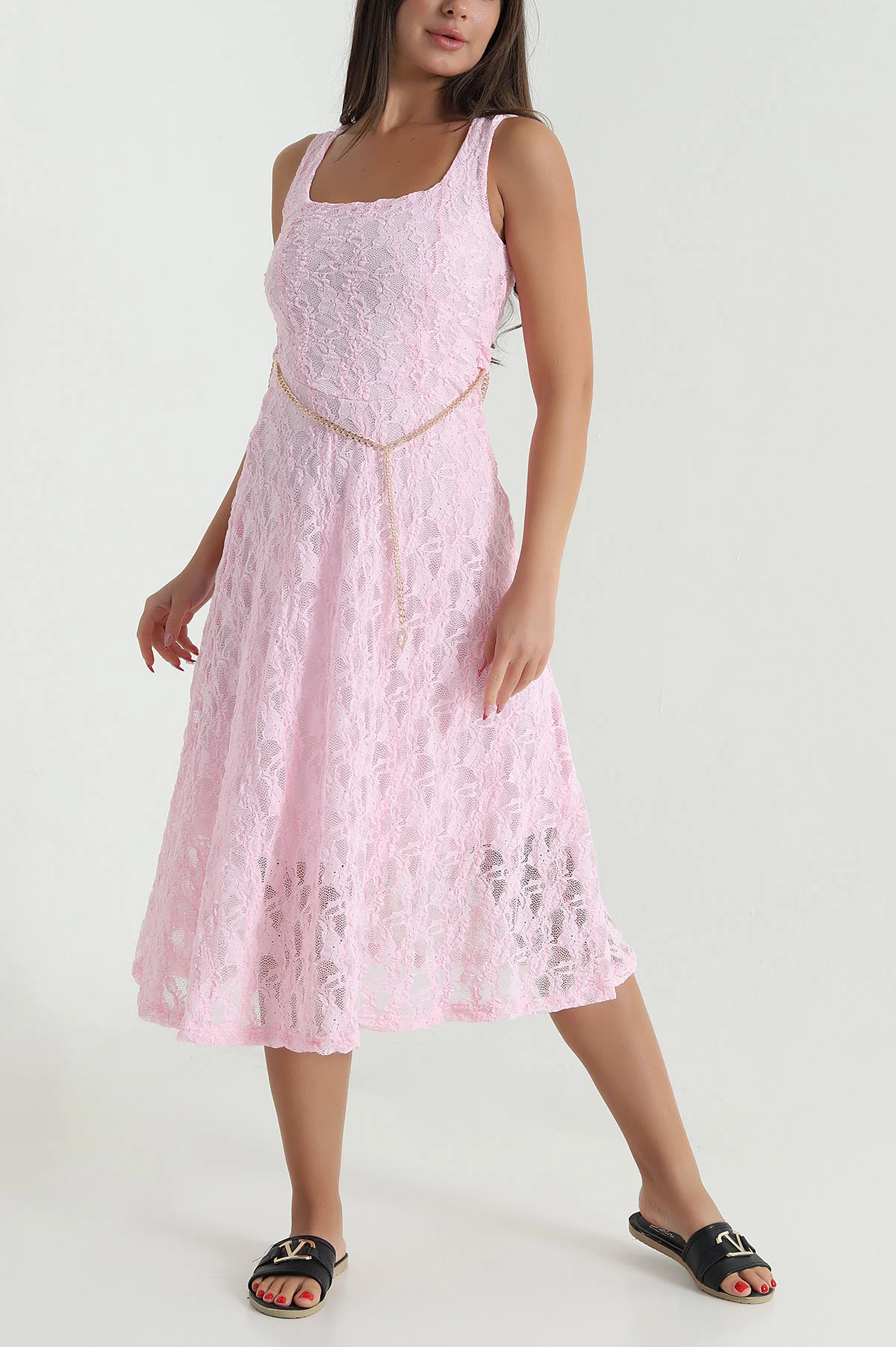 Pembe Kare Yaka Astarlı Dantel Kadın Elbise 473387