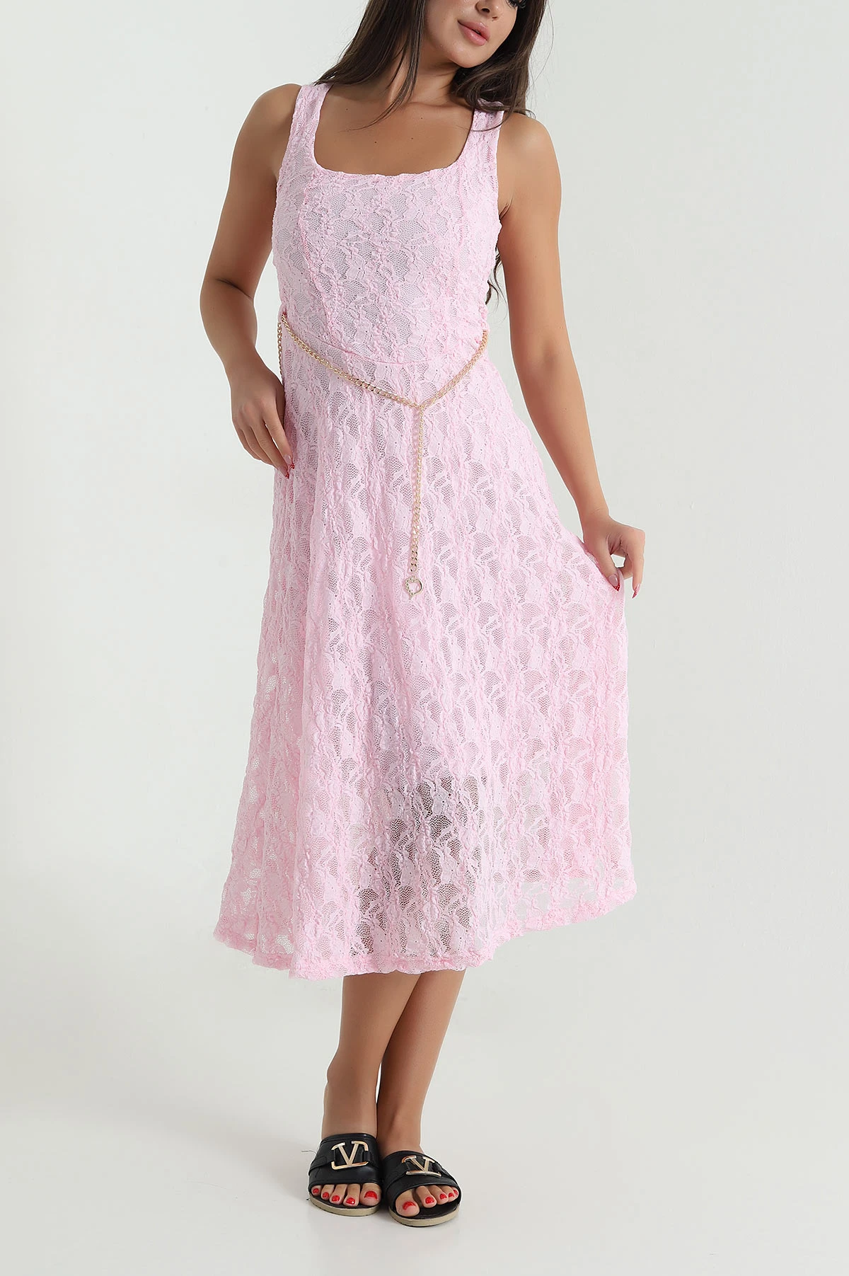 Pembe Kare Yaka Astarlı Dantel Kadın Elbise 473387