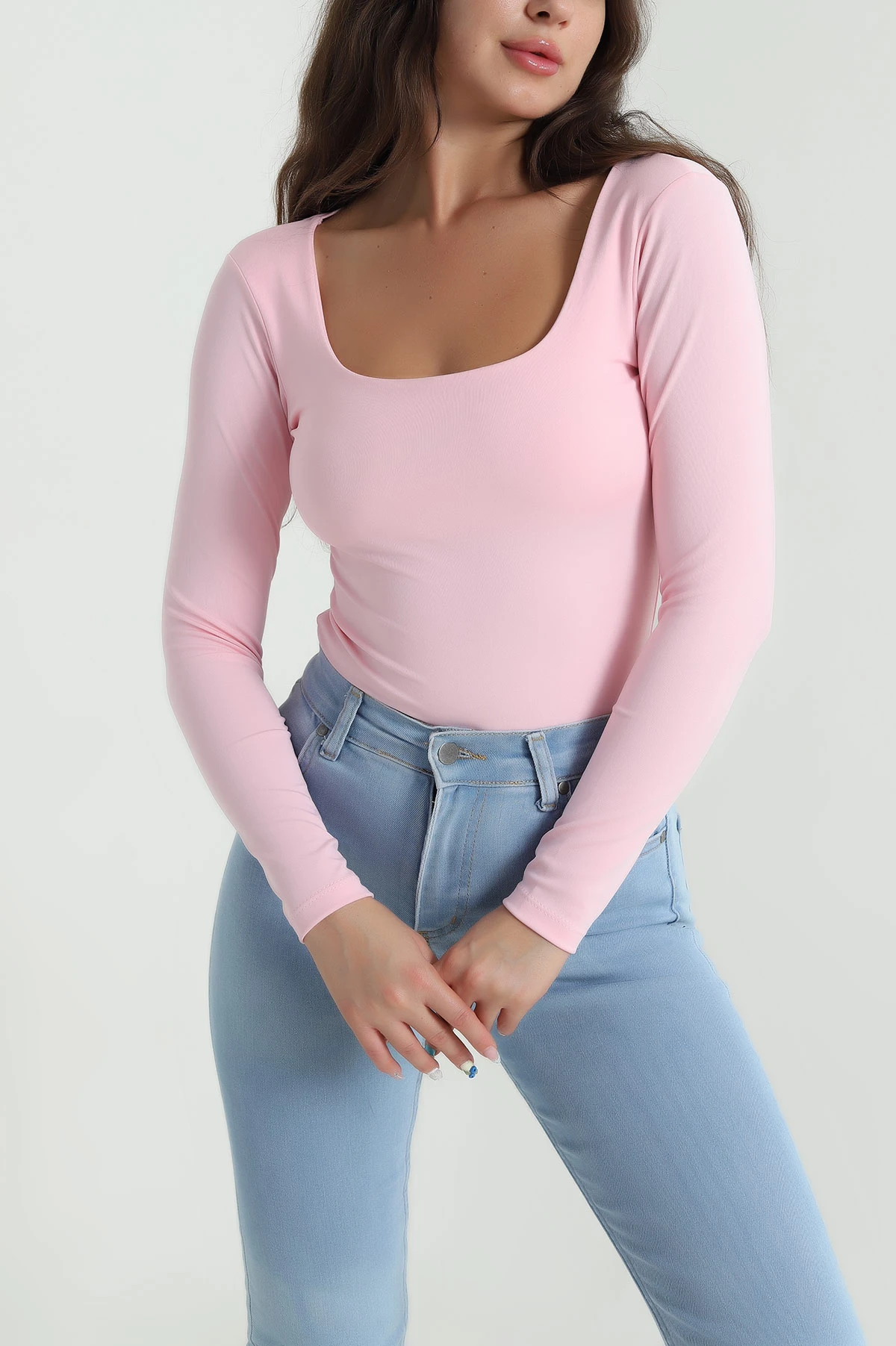 Pembe Kare Yaka Dalgıç Kadın Zıbın Bluz 482667