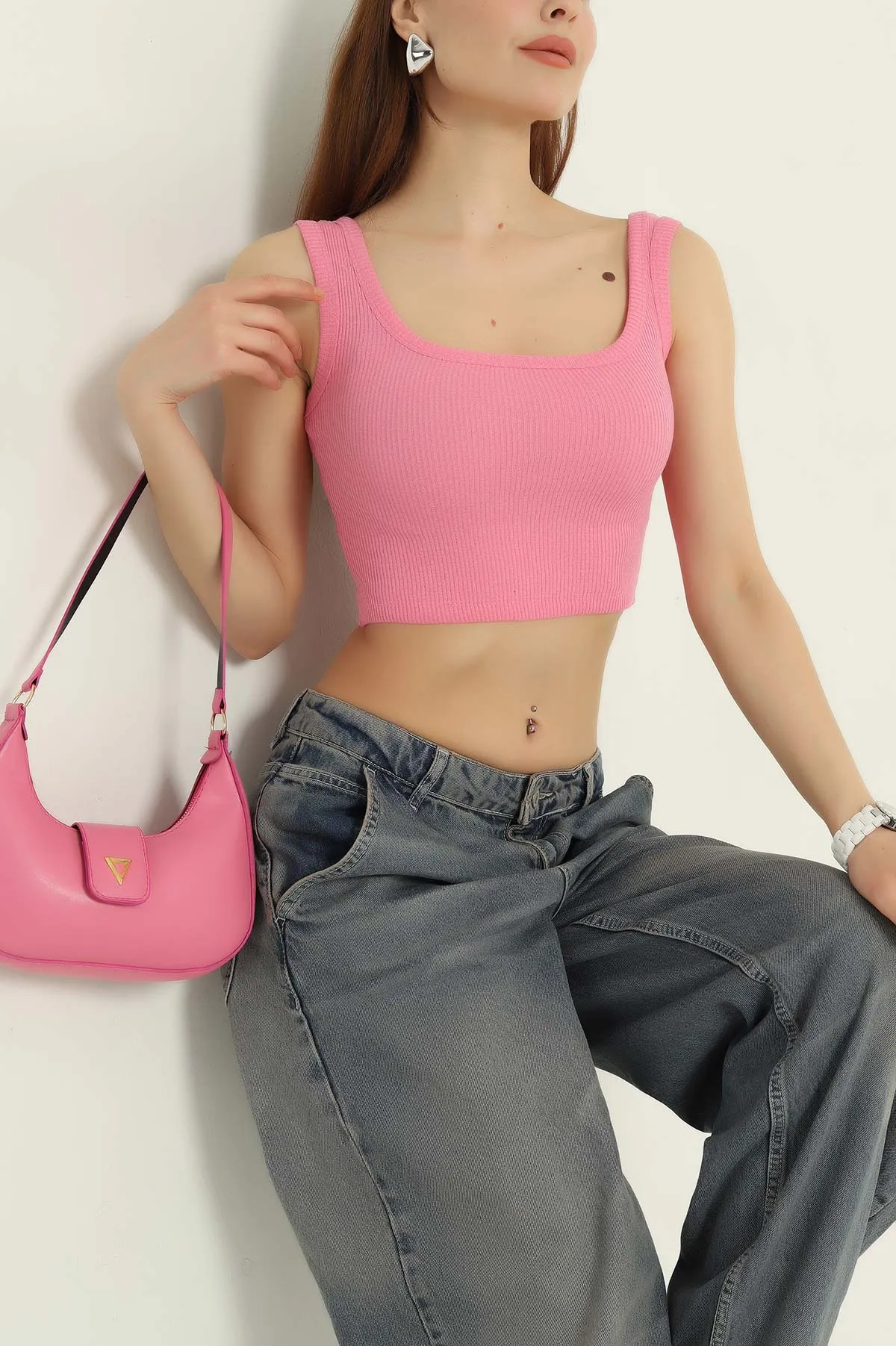 Pembe Kare Yaka Kadın Crop Atlet 364807