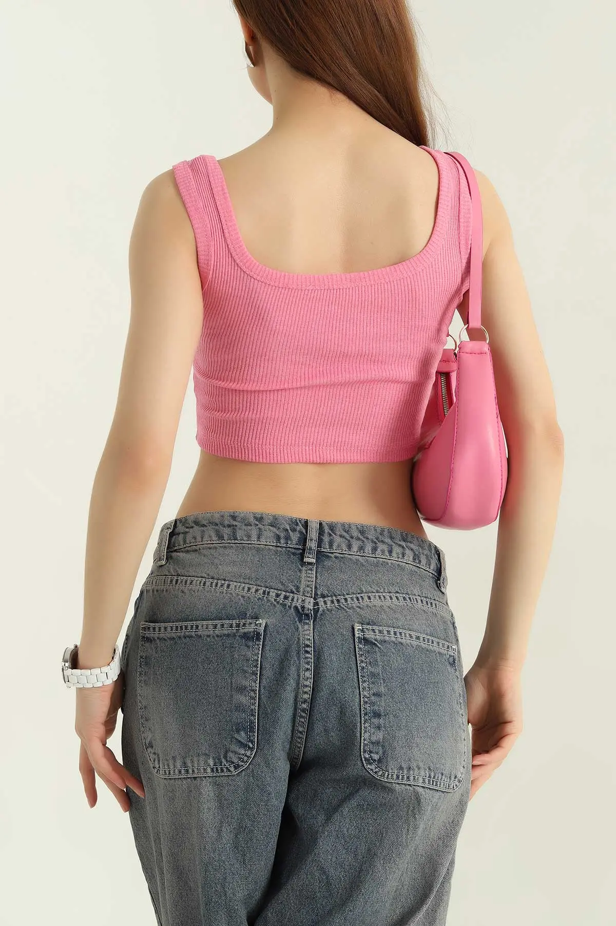 Pembe Kare Yaka Kadın Crop Atlet 364807