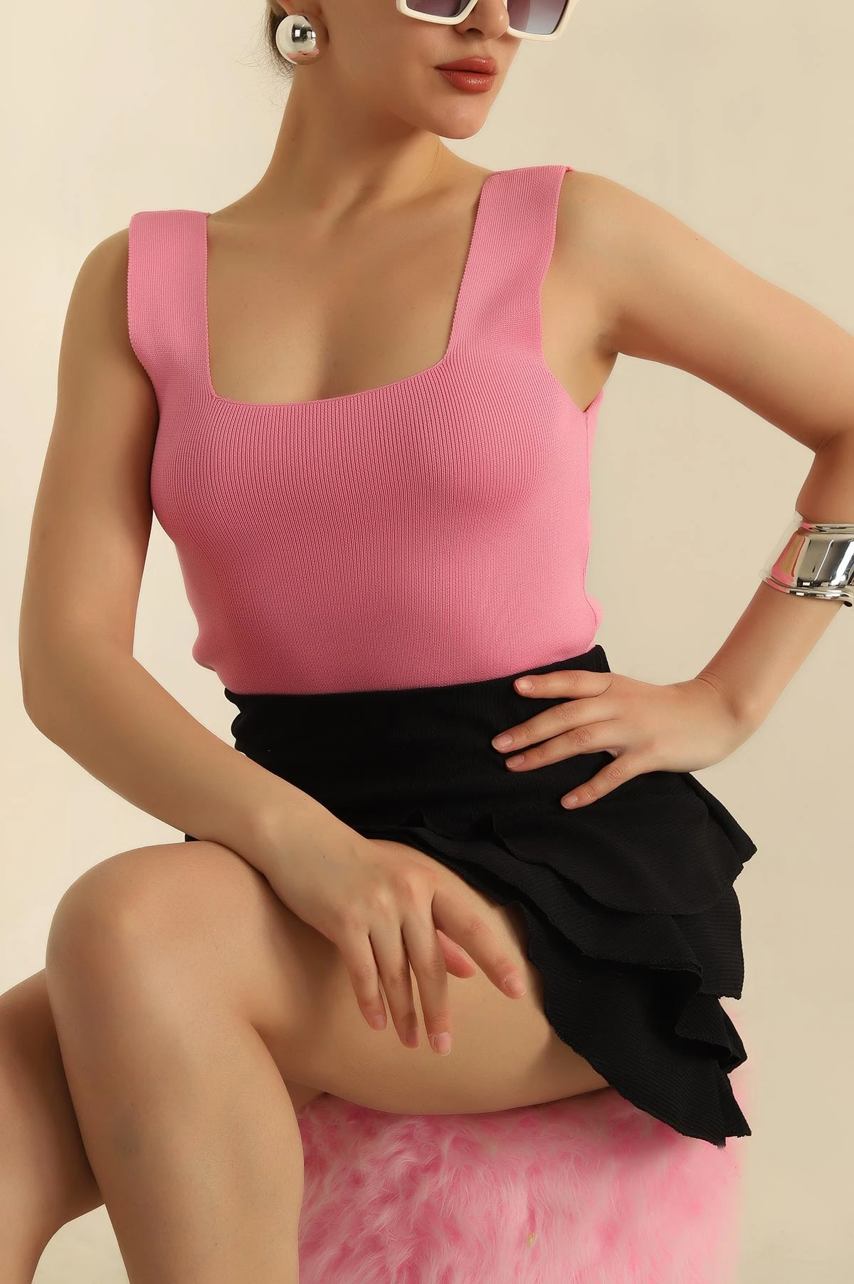 Pembe Kare Yaka Polyemid Bluz 269021