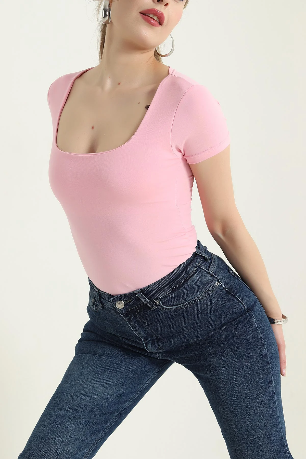 Pembe Kare Yaka Scuba Kadın Zıbın Bluz 432316