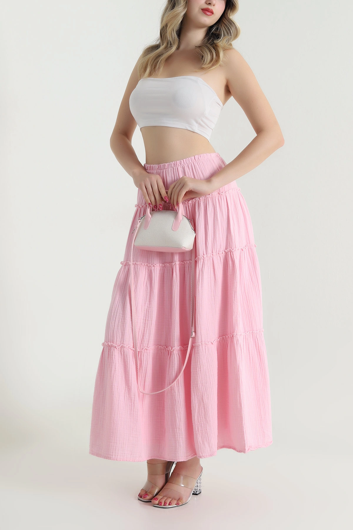 Pembe Katlı Astarlı Müslin Kadın Etek 475804