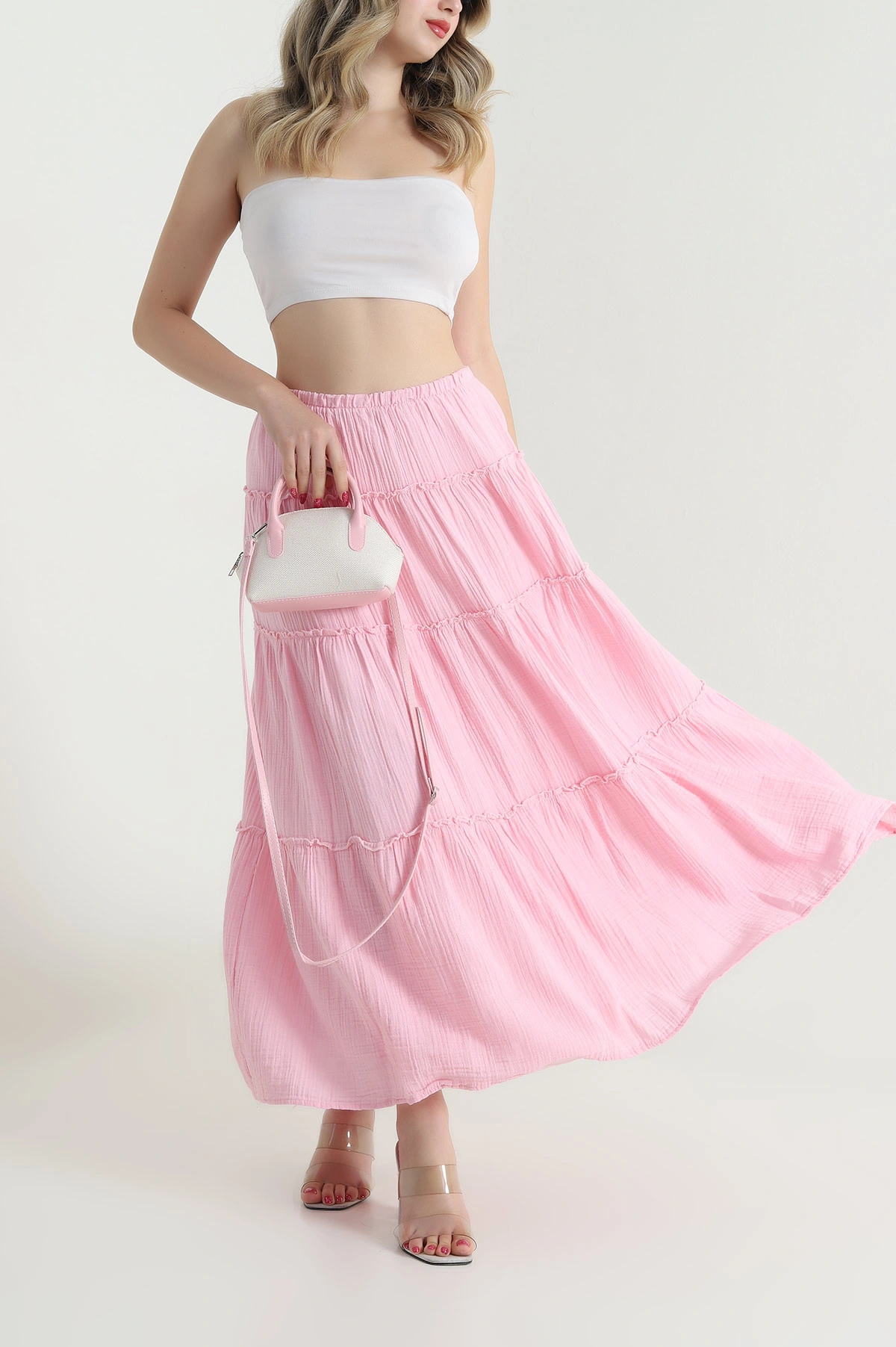 Pembe Katlı Astarlı Müslin Kadın Etek 475804