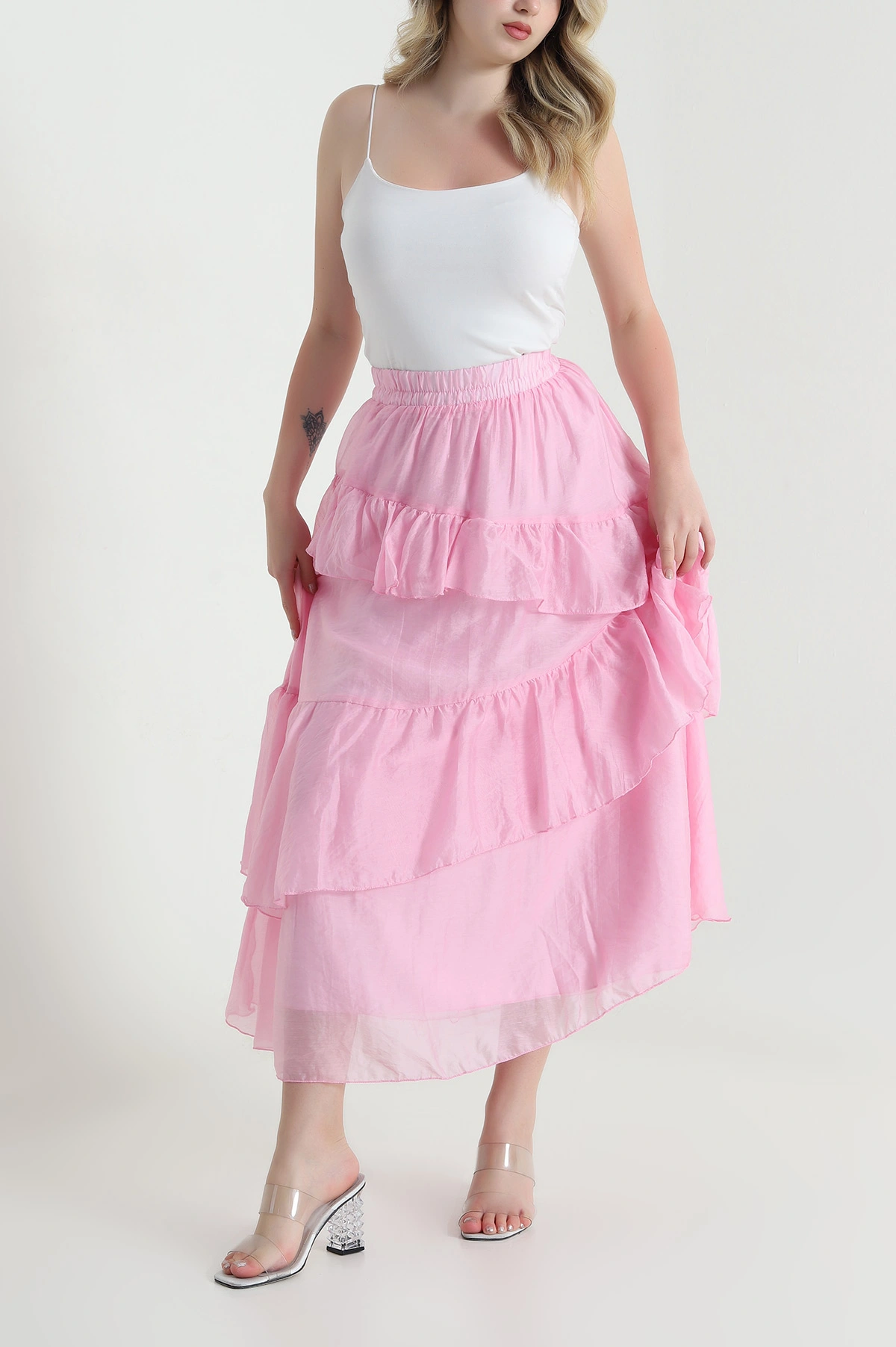 Pembe Katlı Tensel Kadın Etek 461316