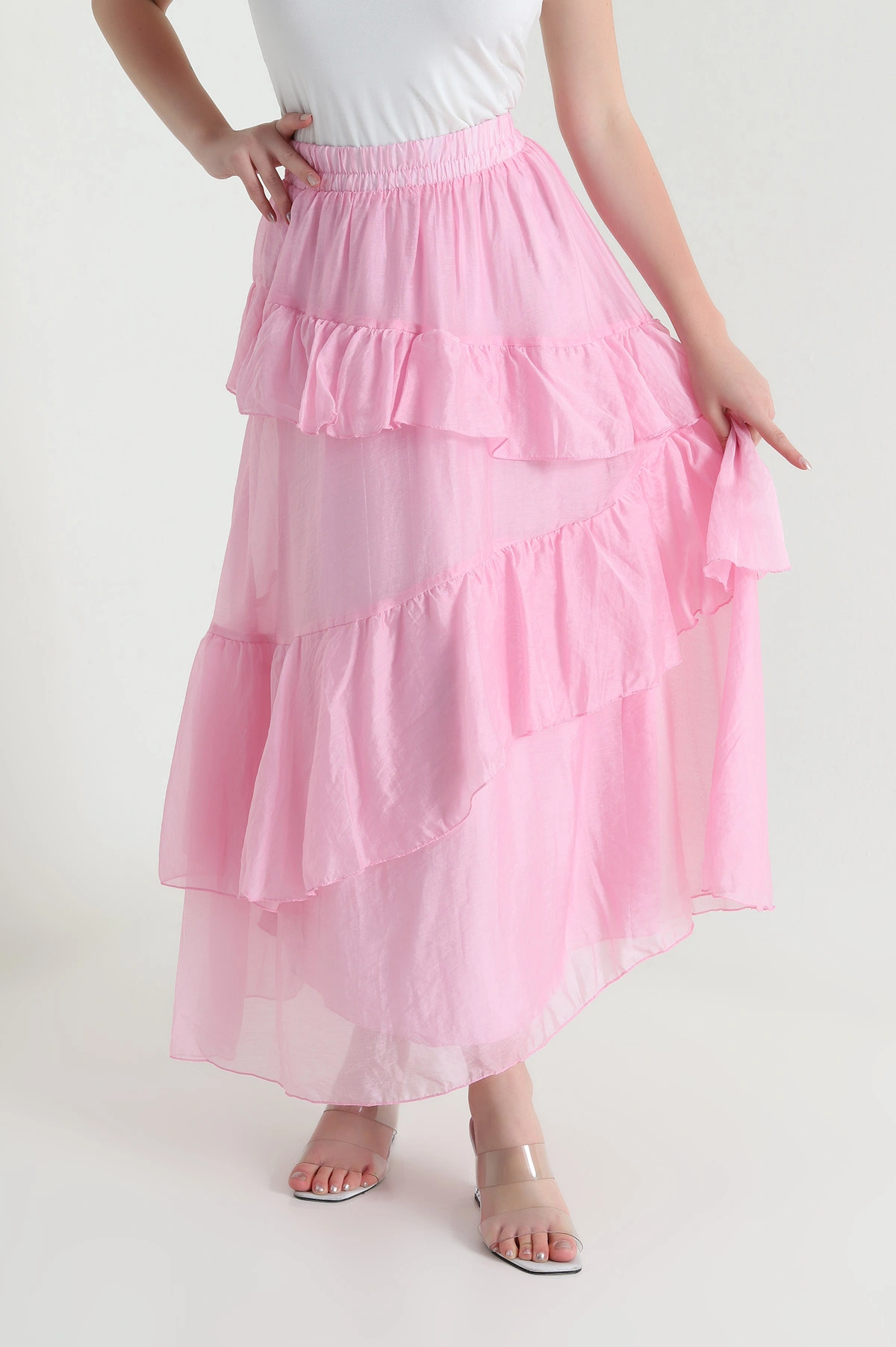Pembe Katlı Tensel Kadın Etek 461316
