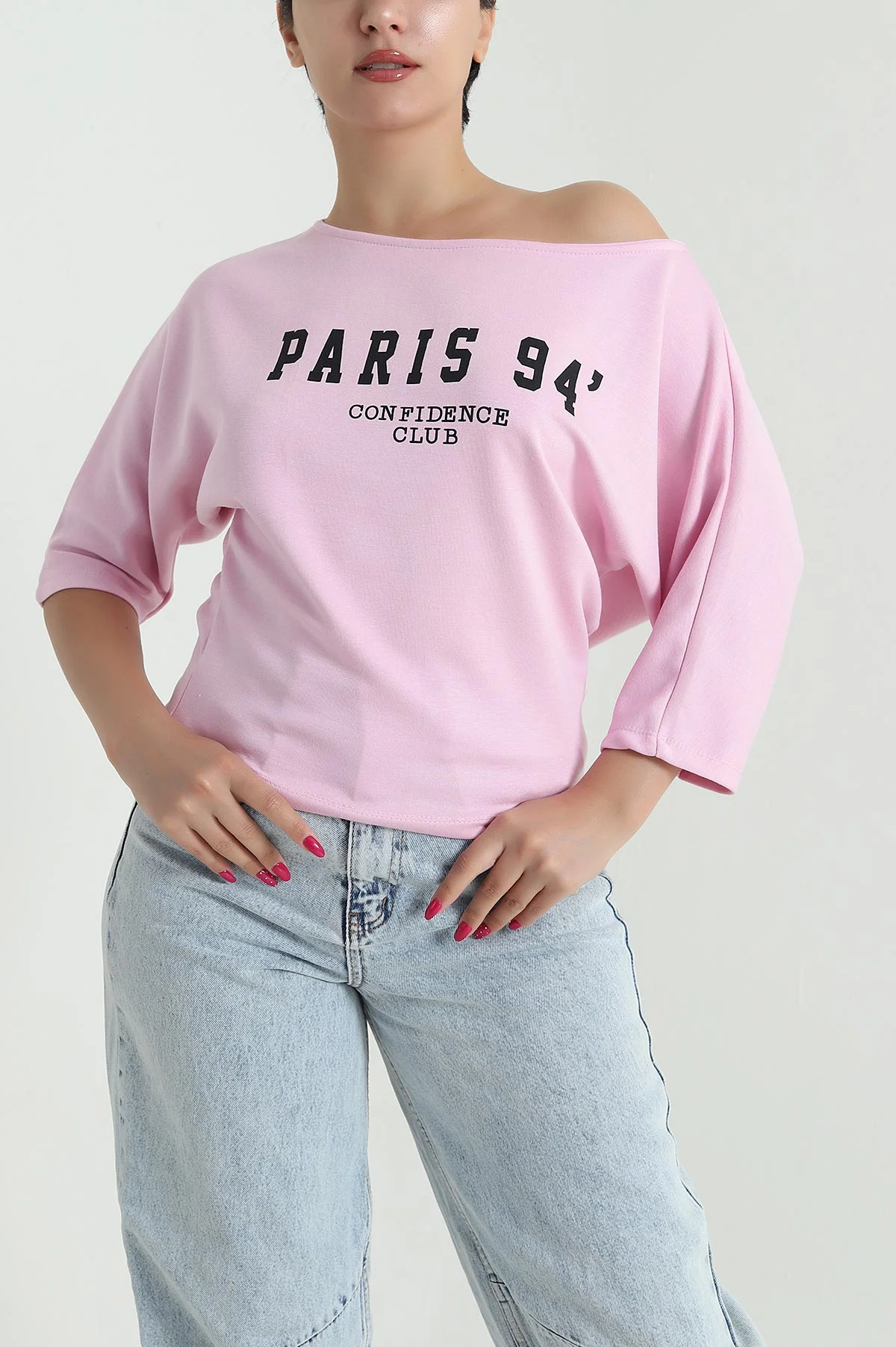 Pembe Kayık Yaka Baskılı Oysho Kadın Tişört 476426