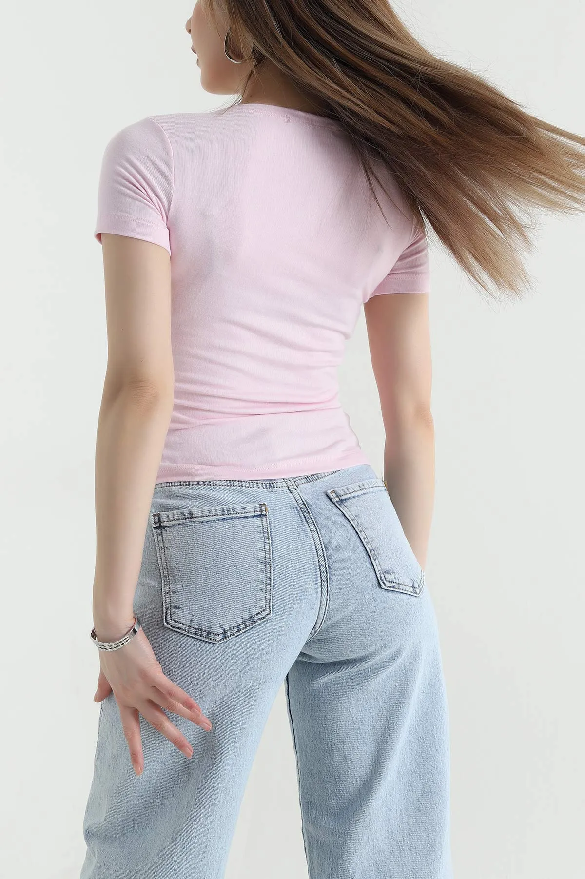 Pembe Kayık Yaka Buzzy Kadın Bluz 439603