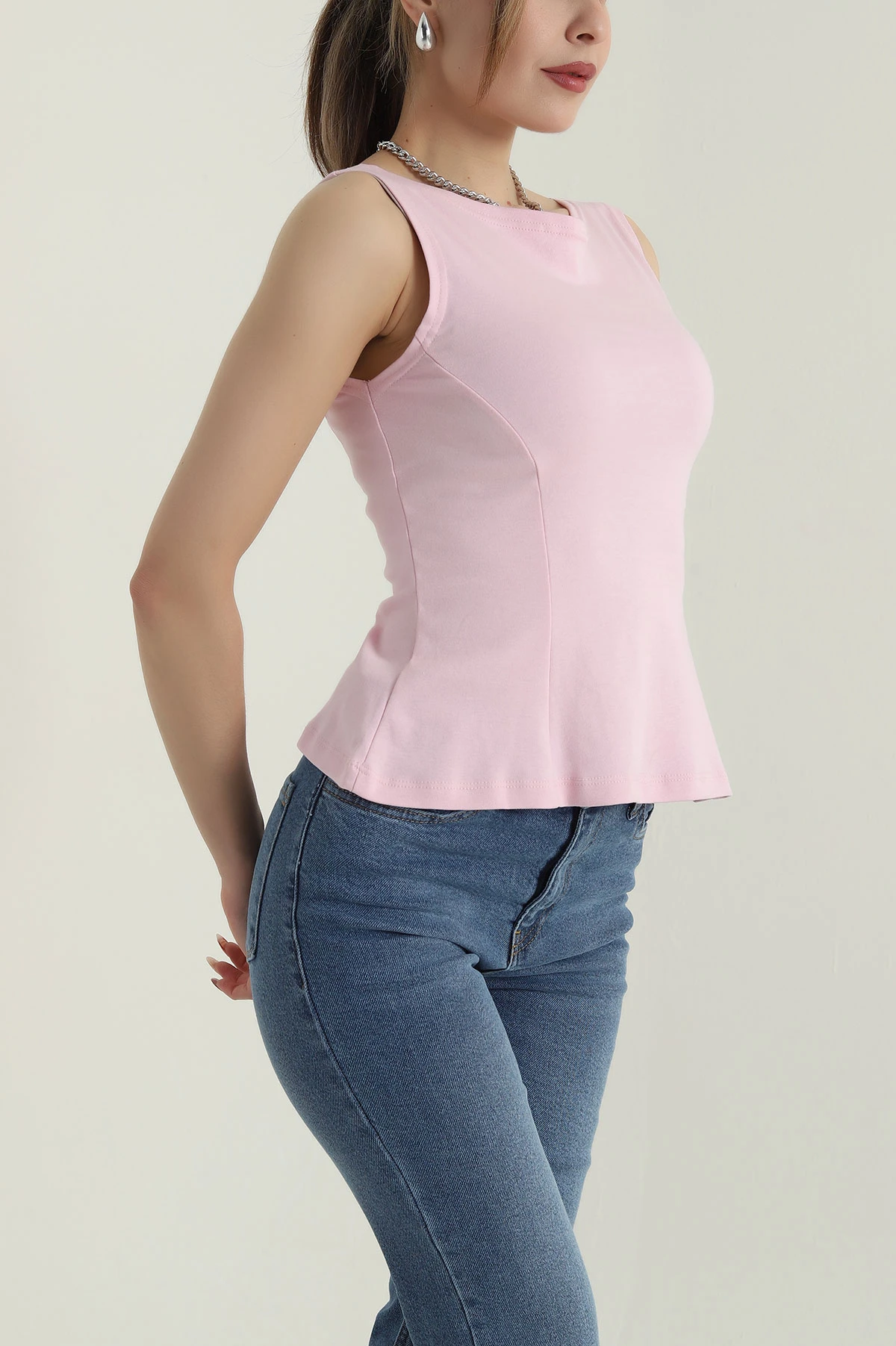 Pembe Kayık Yaka Kolsuz Kompakt Kadın Üst 427811