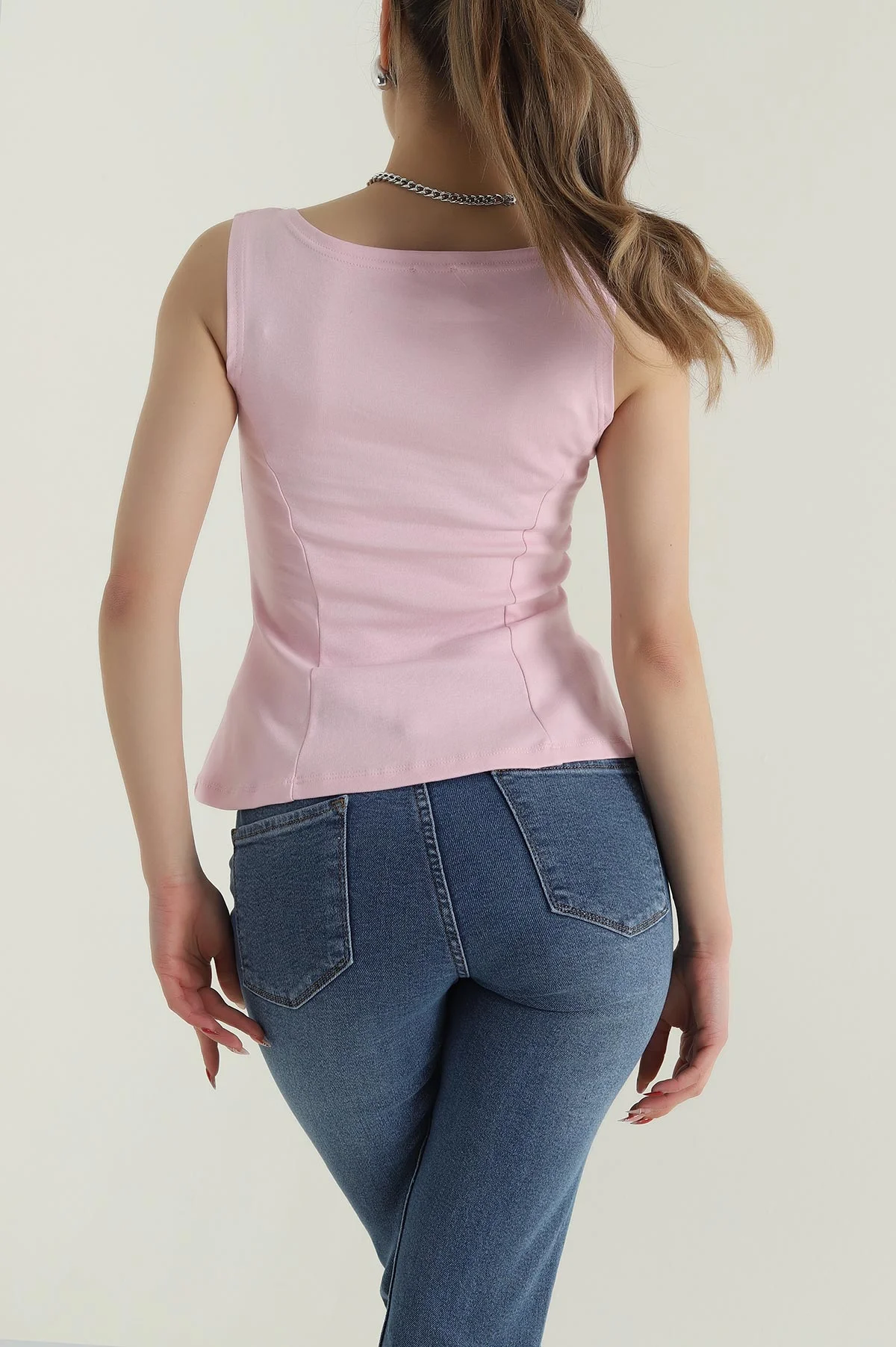 Pembe Kayık Yaka Kolsuz Kompakt Kadın Üst 427811
