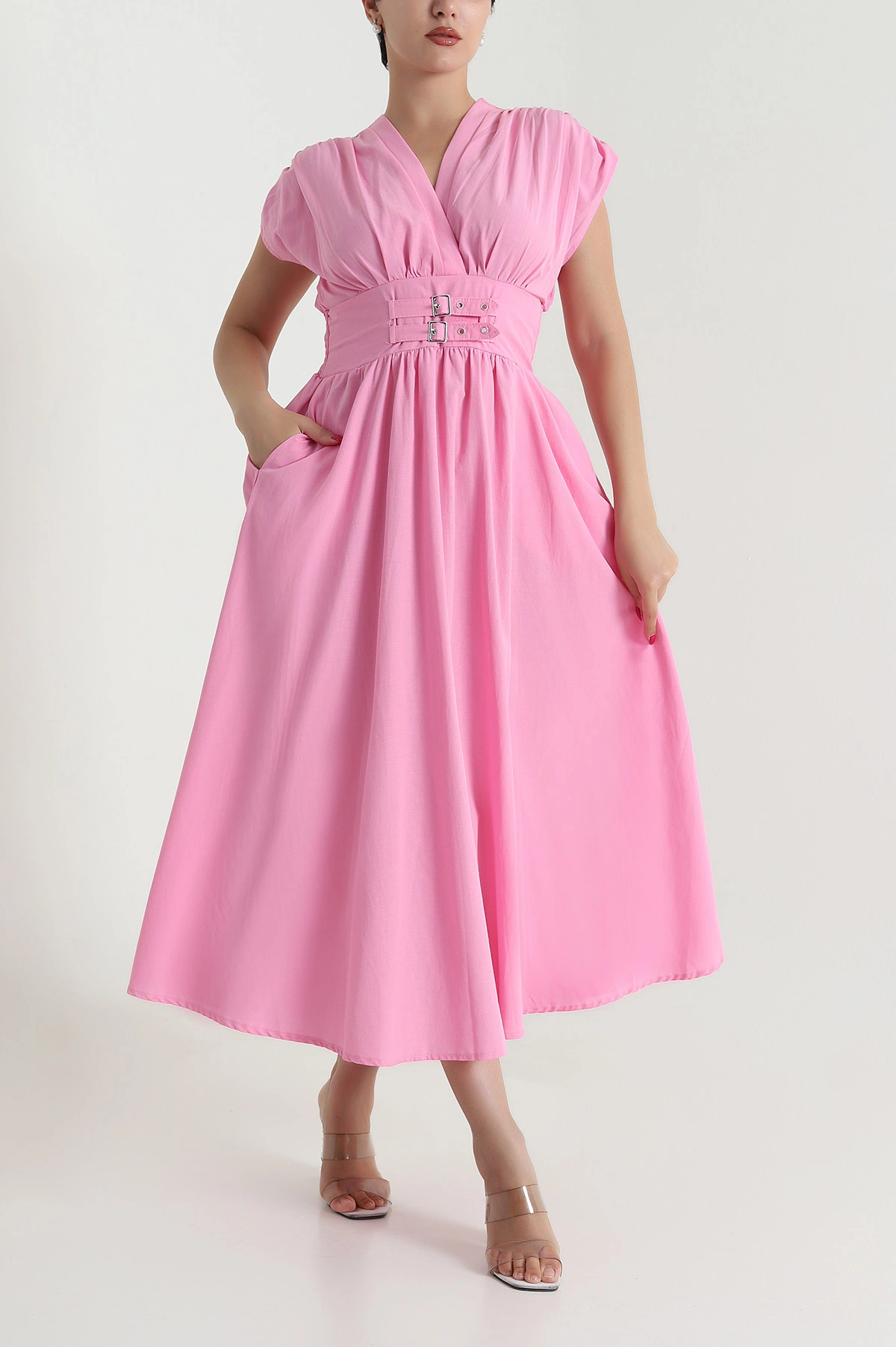 Pembe Kemer Detay Poplin Kadın Elbise 478148