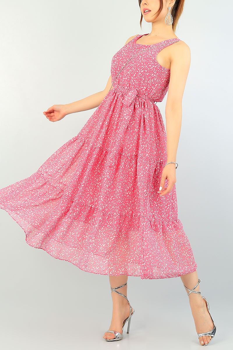 Pembe Kemerli Astarlı Şifon Elbise 69055