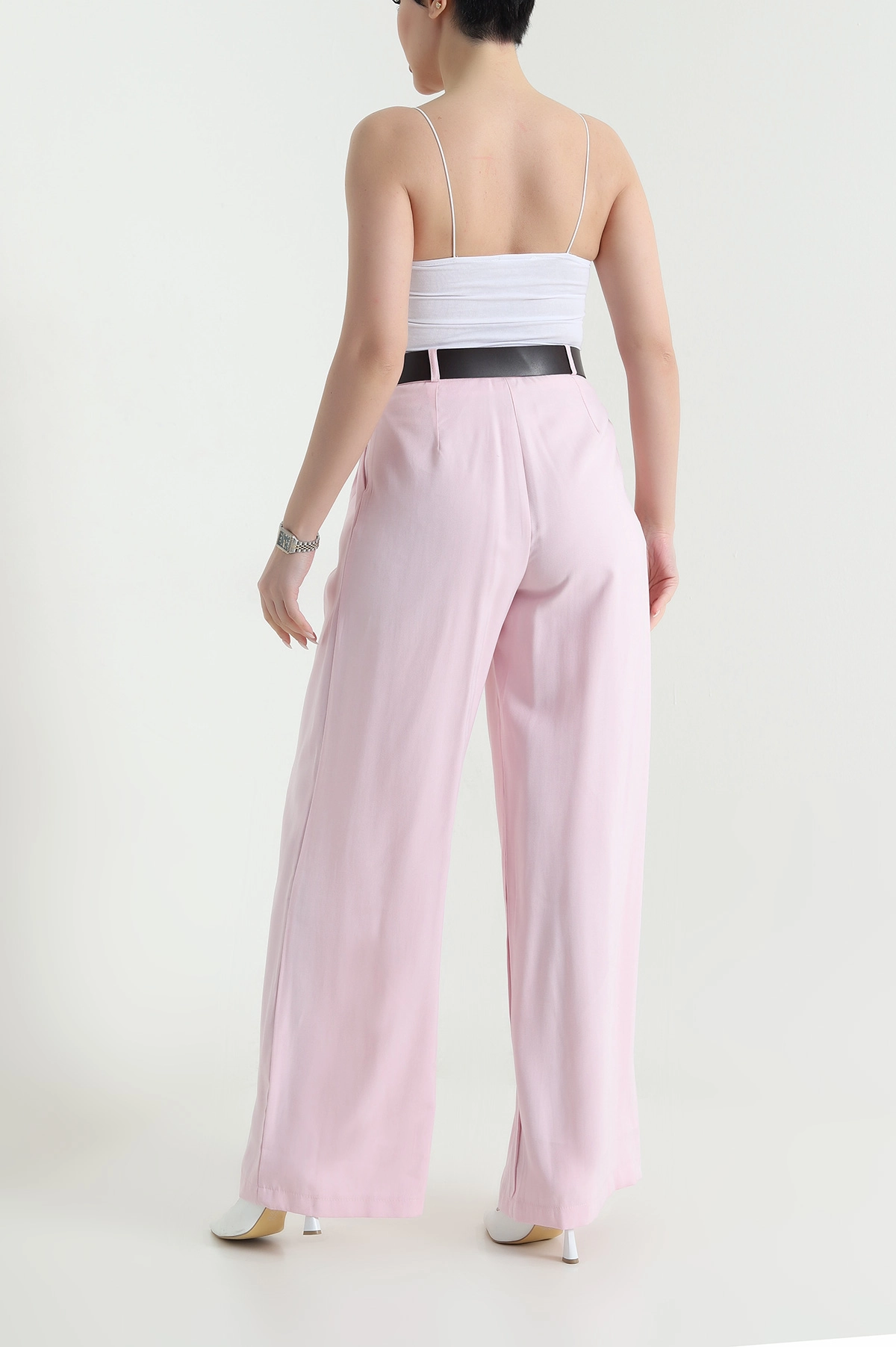 Pembe Kemerli Kadın Diagonal Modal Salaş Pantolon 447817
