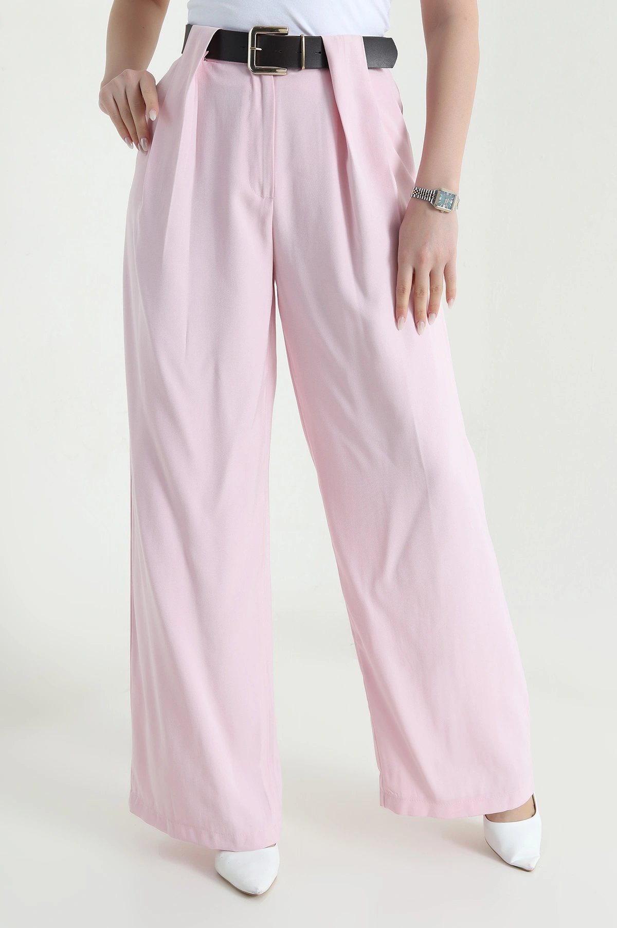 Pembe Kemerli Kadın Diagonal Modal Salaş Pantolon 447817