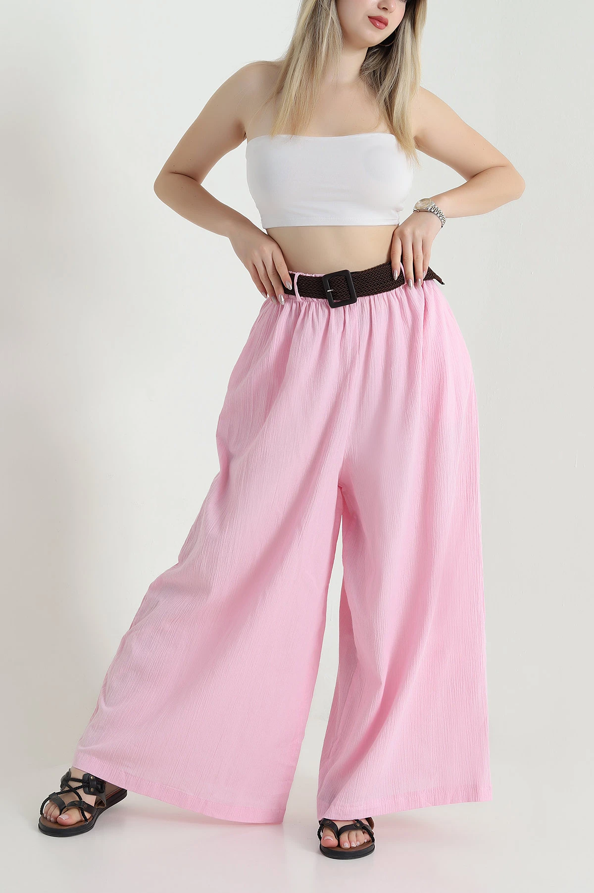 Pembe Kemerli Krinkıl Kadın Pantolon 470058