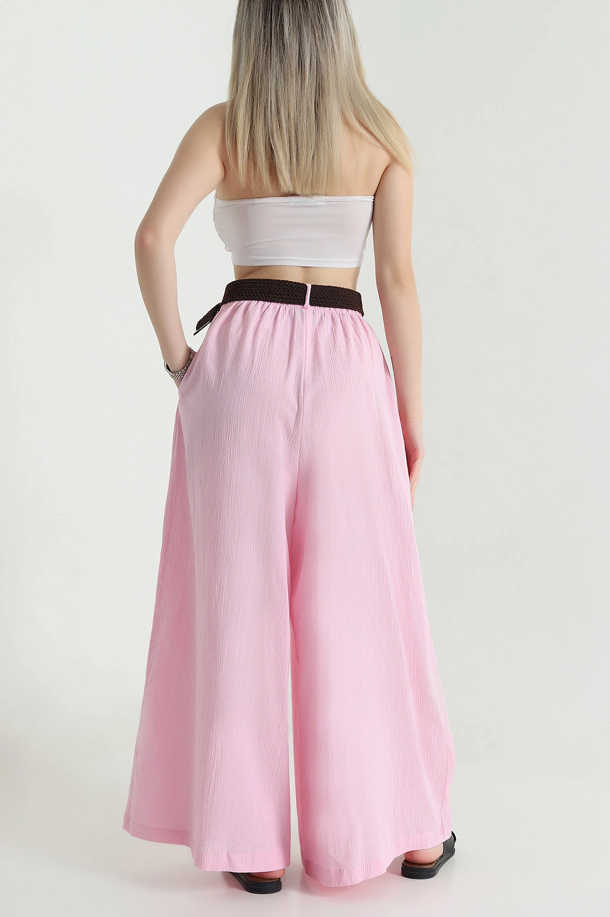 Pembe Kemerli Krinkıl Kadın Pantolon 470058