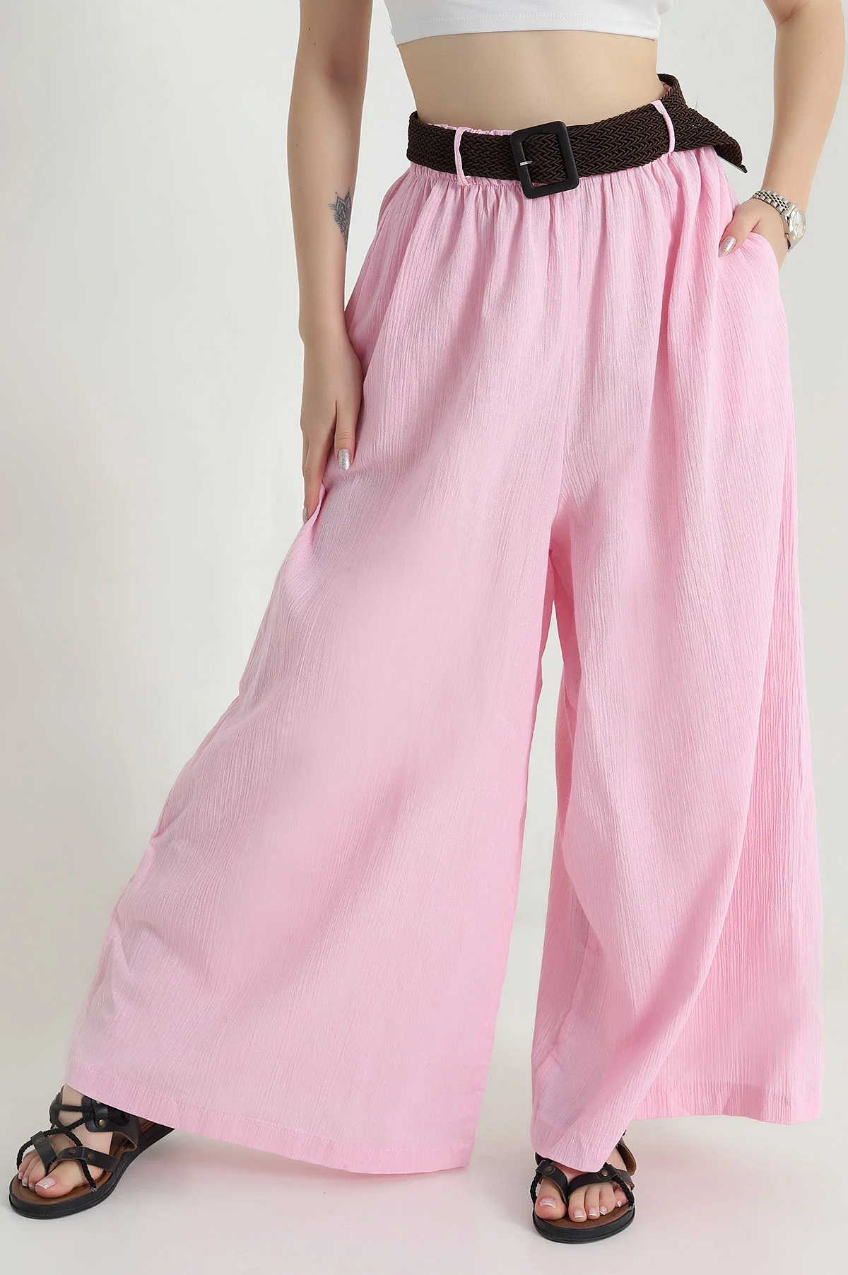 Pembe Kemerli Krinkıl Kadın Pantolon 470058