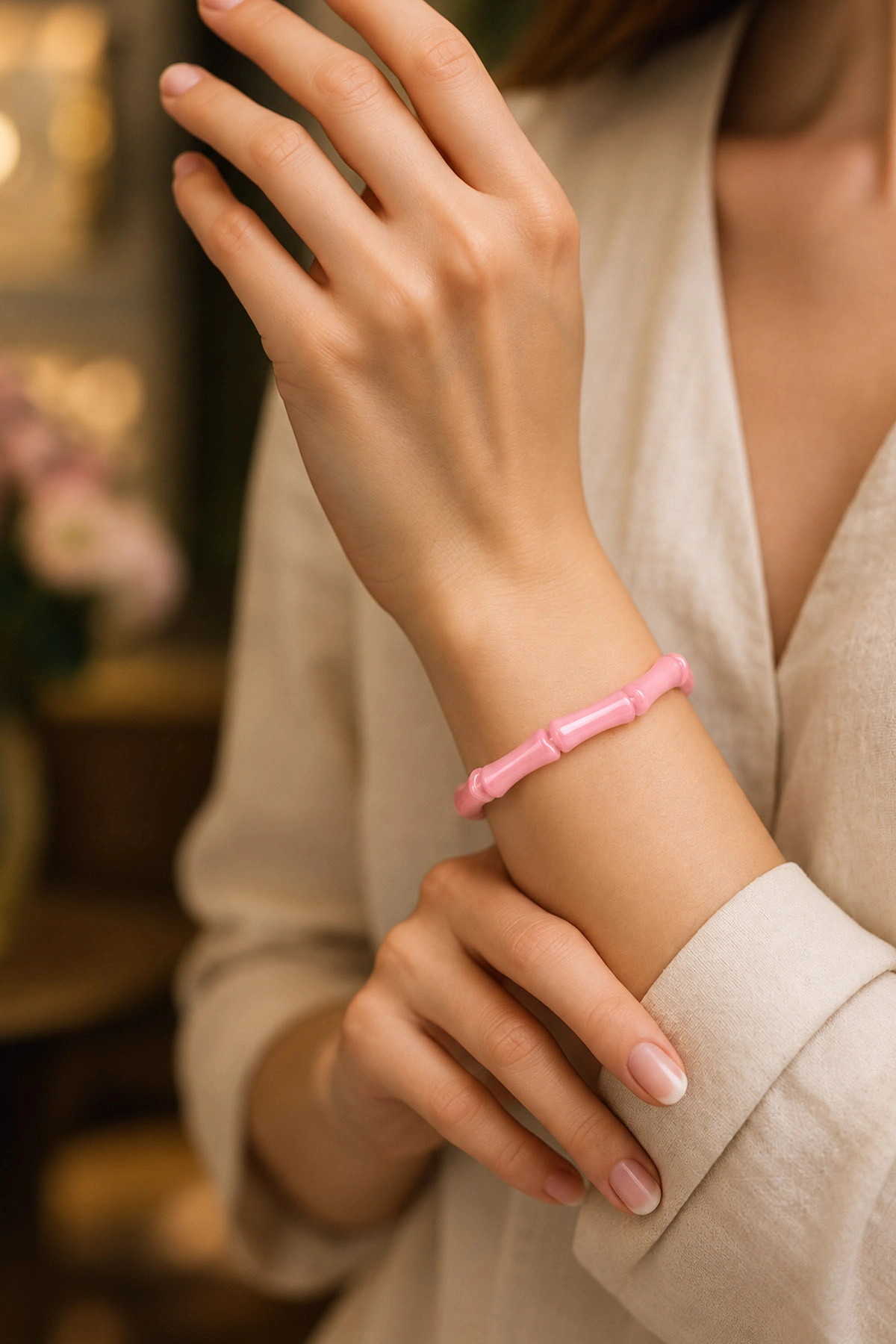 Pembe Kemik Görünümlü Lastikli Unisex Bileklik 487945