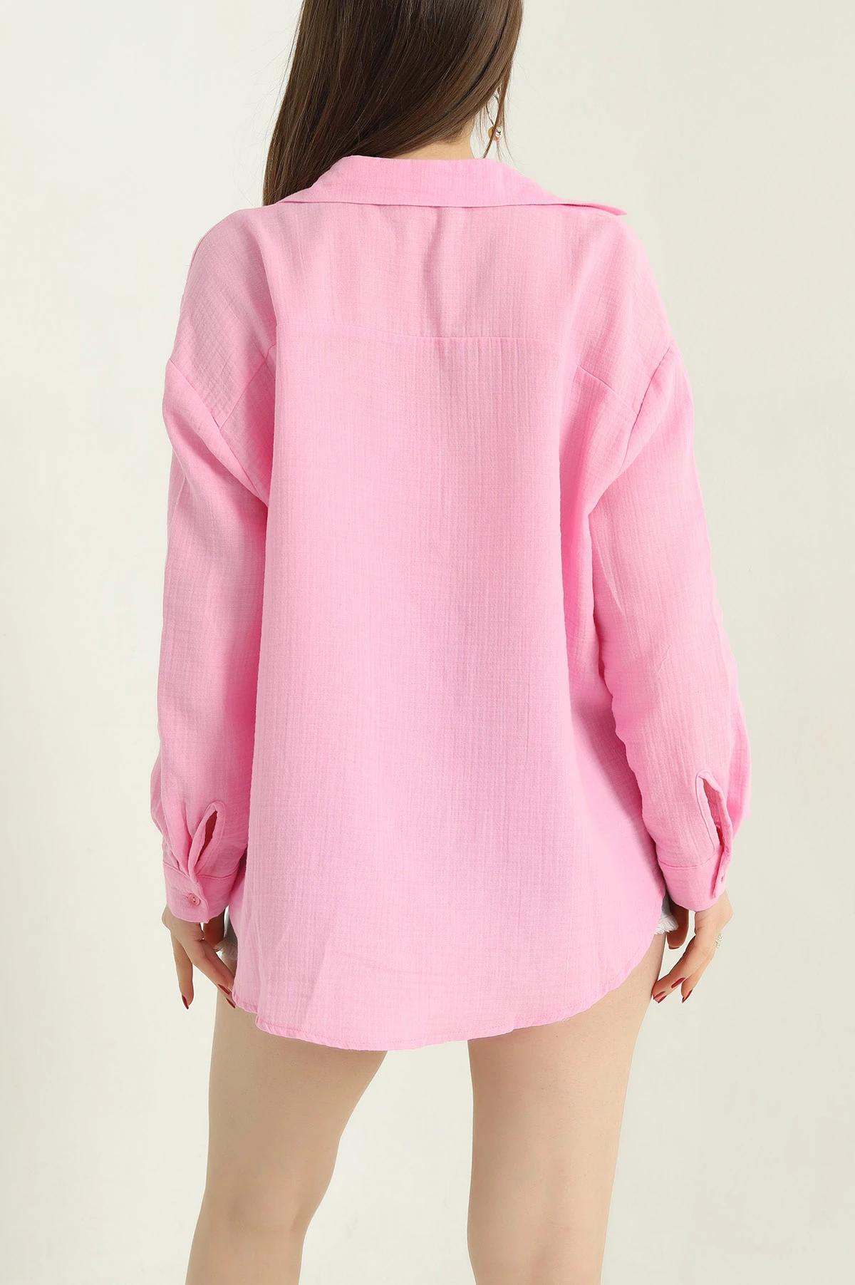Pembe Keten Kadın Gömlek 336889