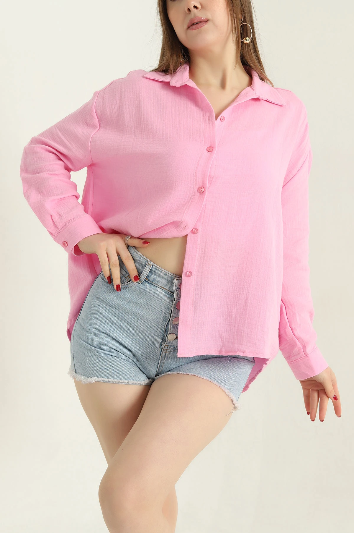Pembe Keten Kadın Gömlek 336889