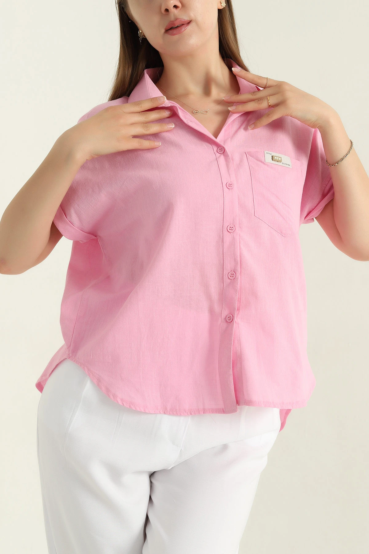 Pembe Keten Düğmeli Yarım Kol Kadın Gömlek 369051