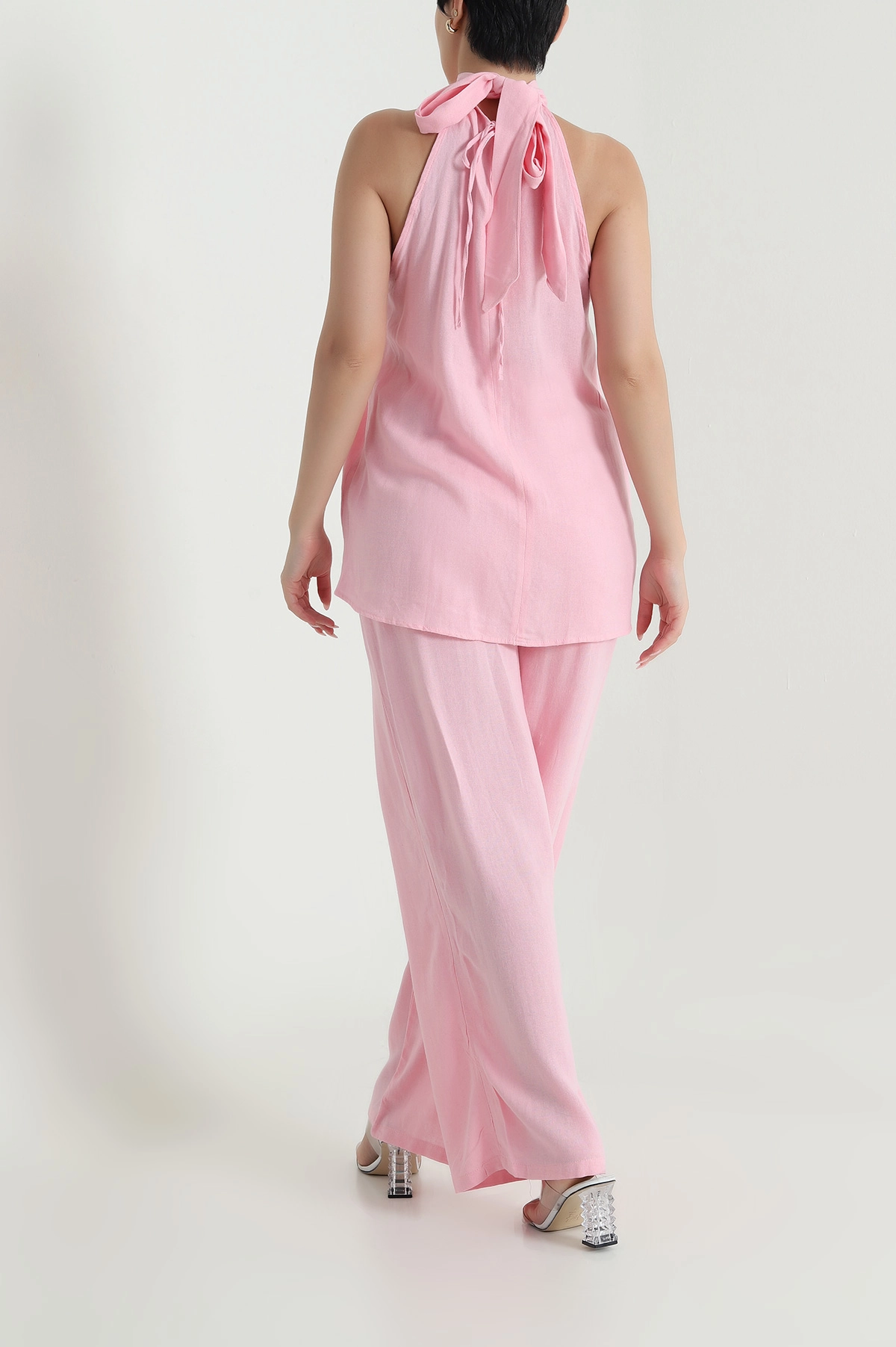 Pembe Keten Flamlı Bluz Pantolon Kadın İkili Takım 464772