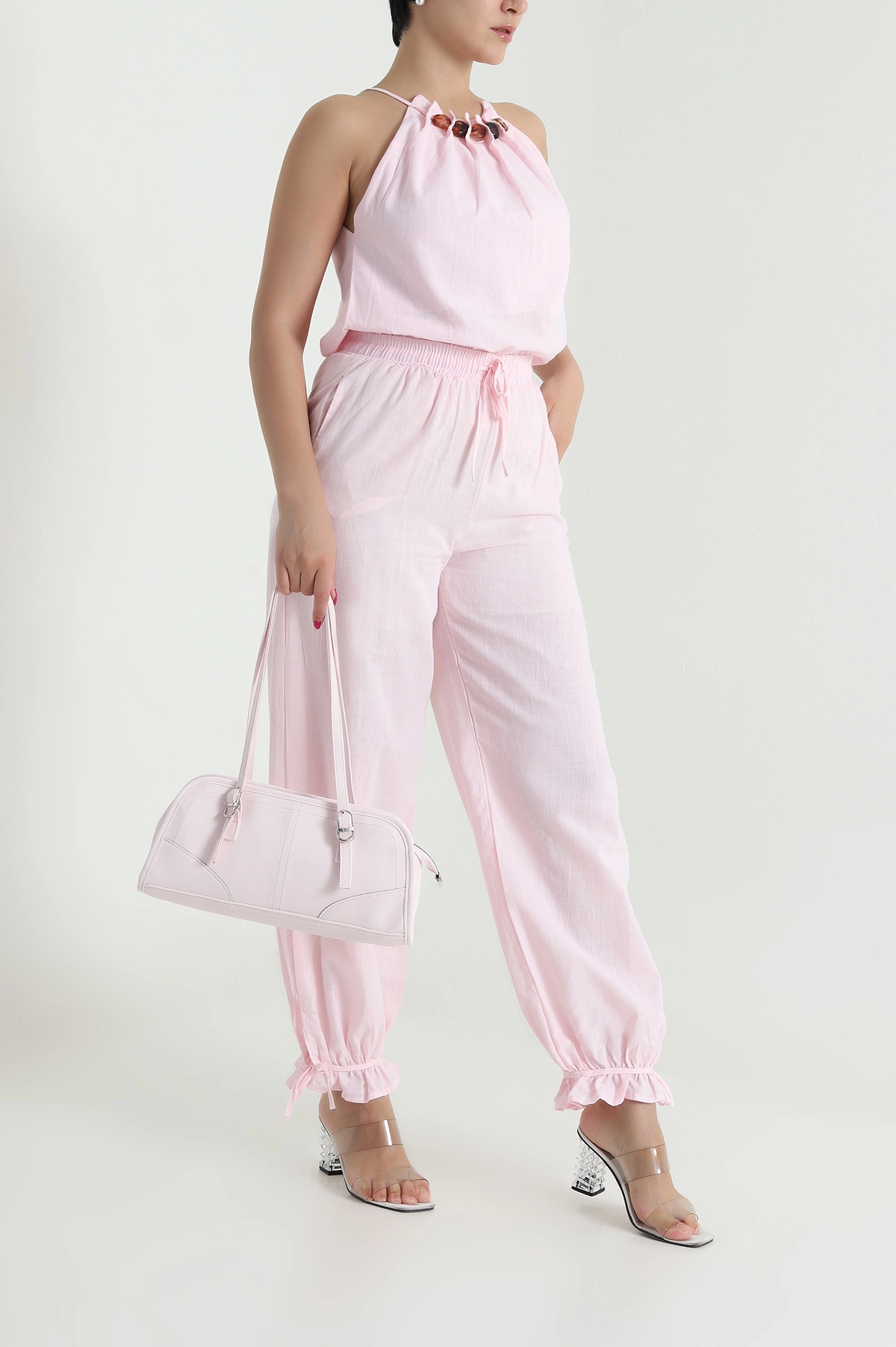 Pembe Keten Pantolon Bluz Kadın İkili Takım 478078