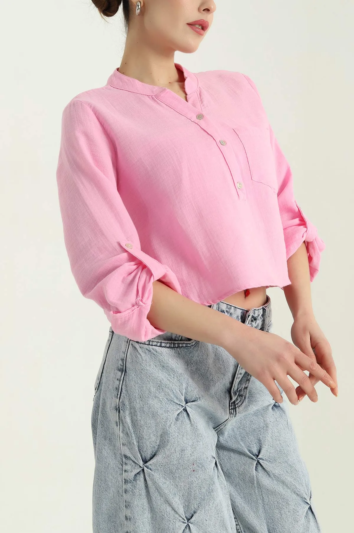 Pembe Keten Tek Cep Bayan Gömlek 336909