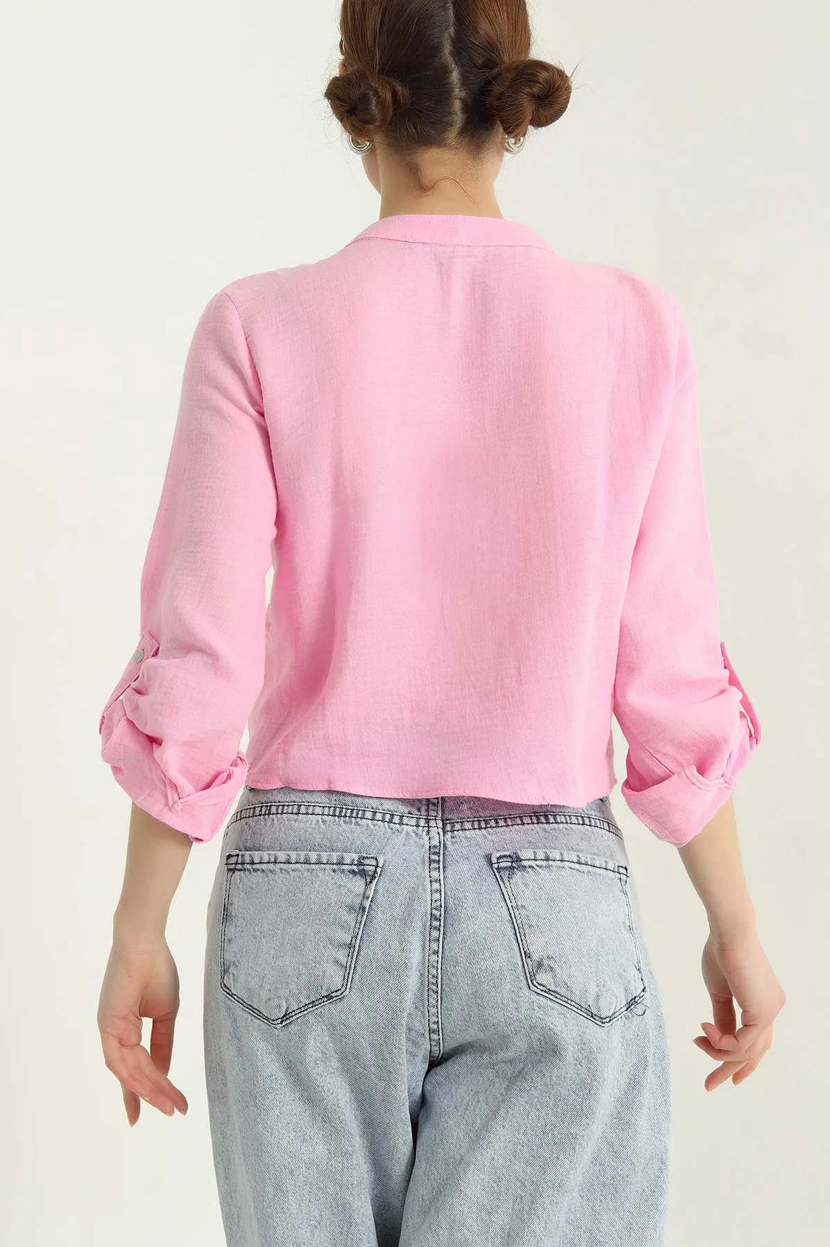 Pembe Keten Tek Cep Bayan Gömlek 336909