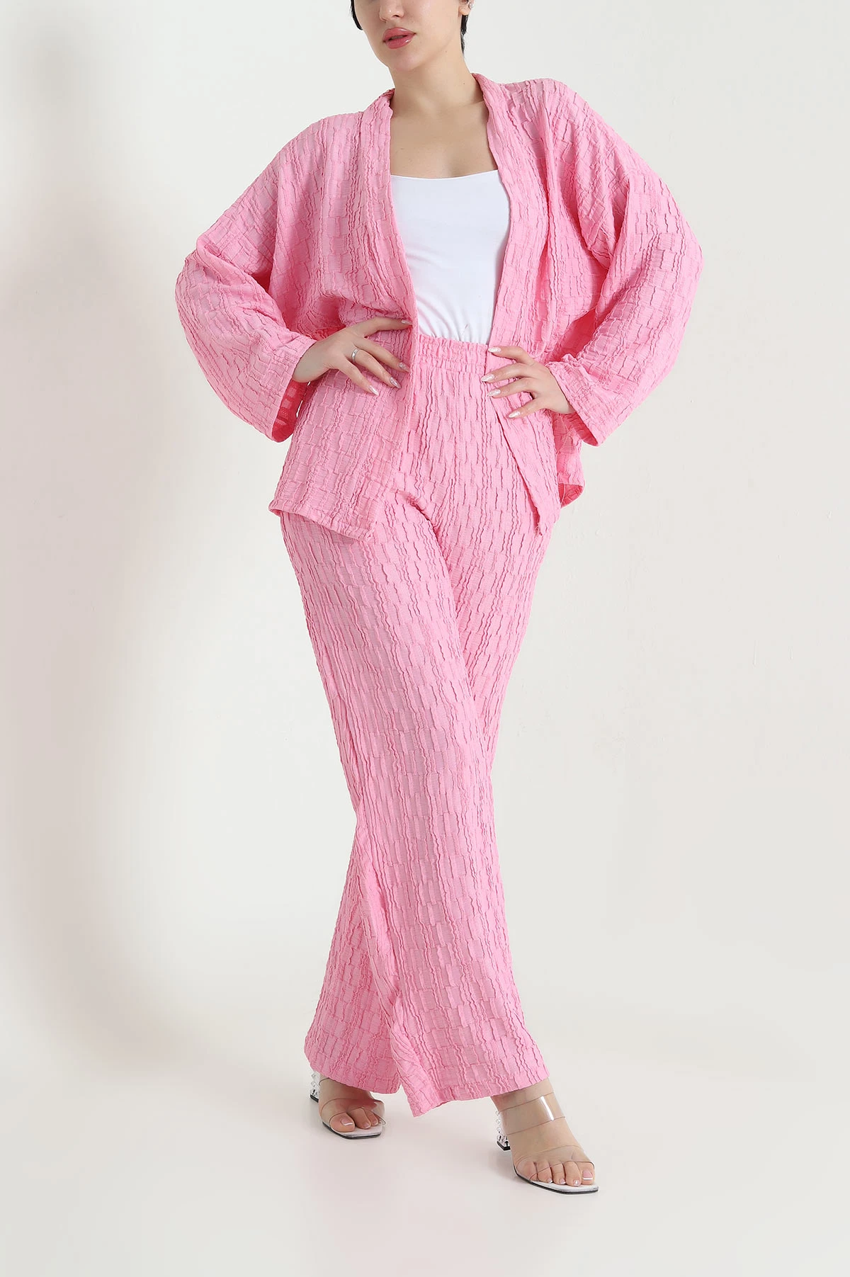 Pembe Kimono Pantolon Gofre Kadın İkili Takım 458357