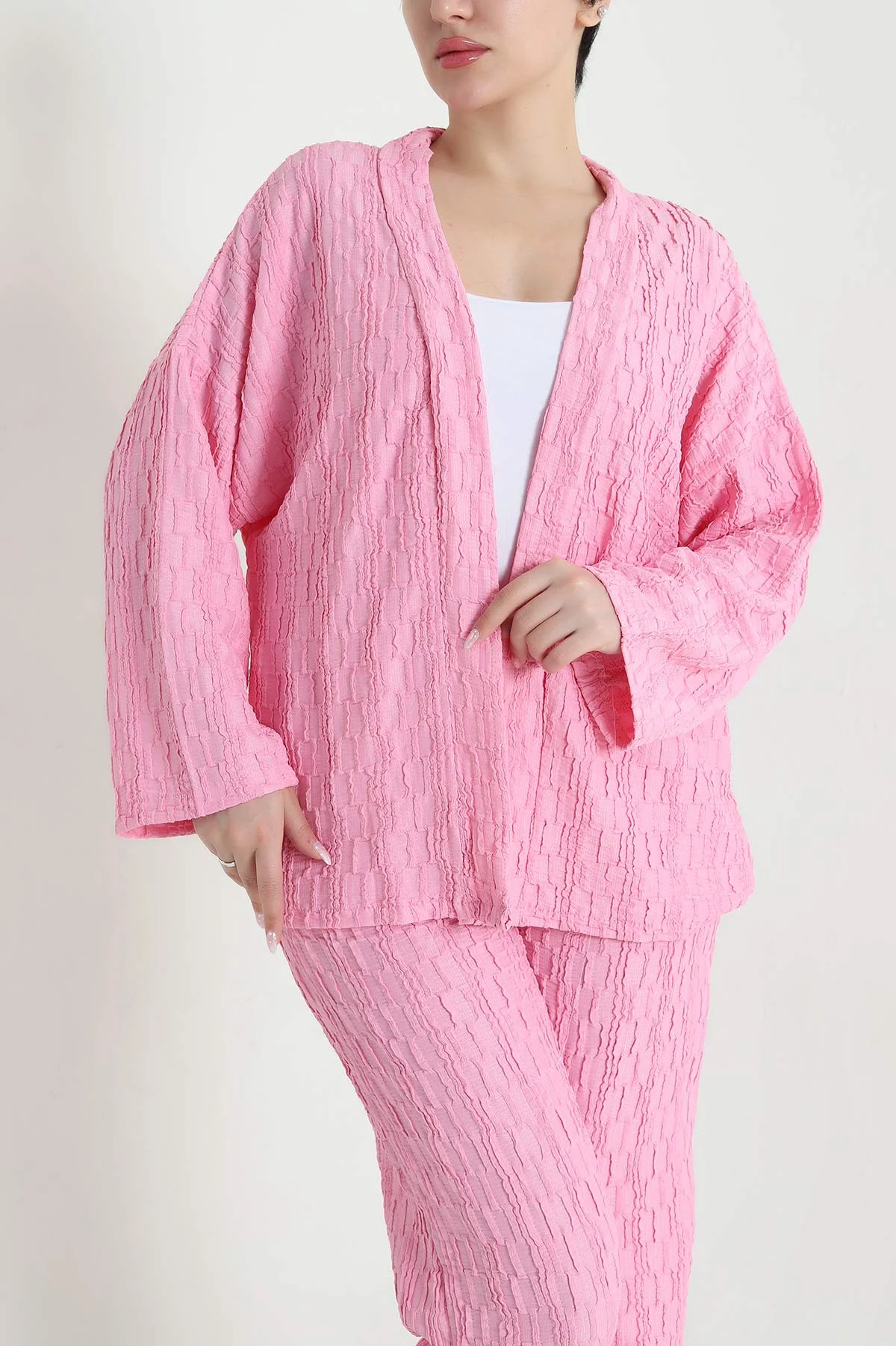 Pembe Kimono Pantolon Gofre Kadın İkili Takım 458357