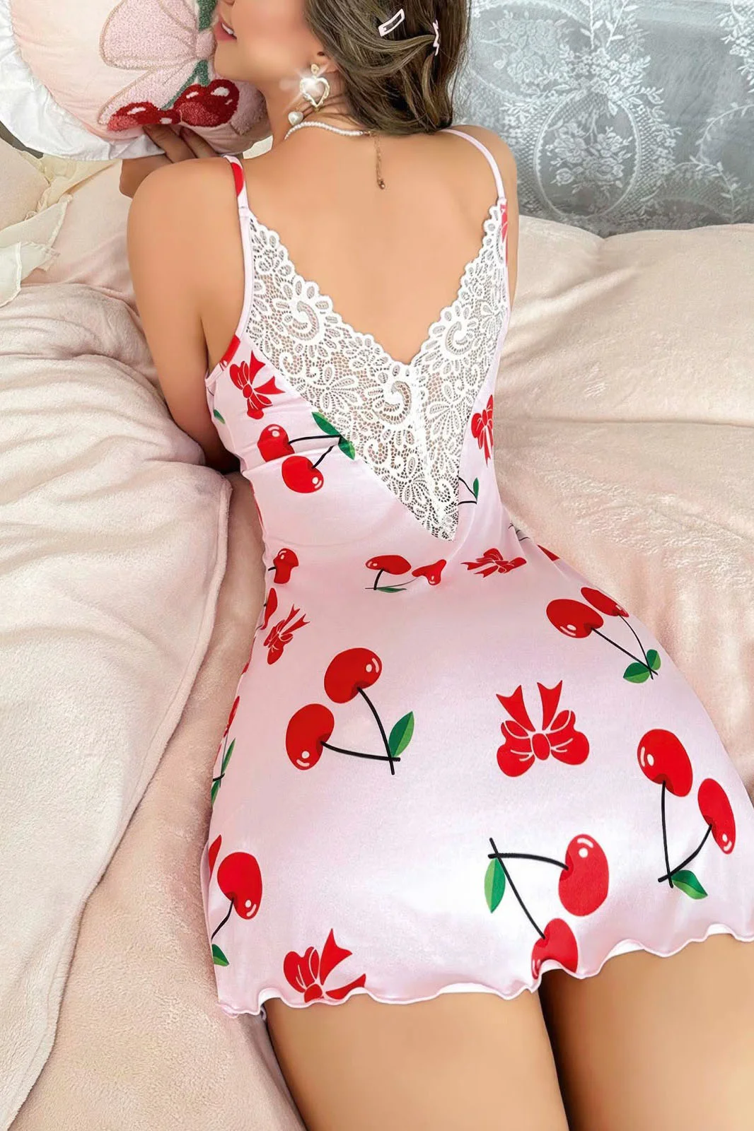 Pembe Kiraz Desenli Askılı Kadın Mini Elbise 476820