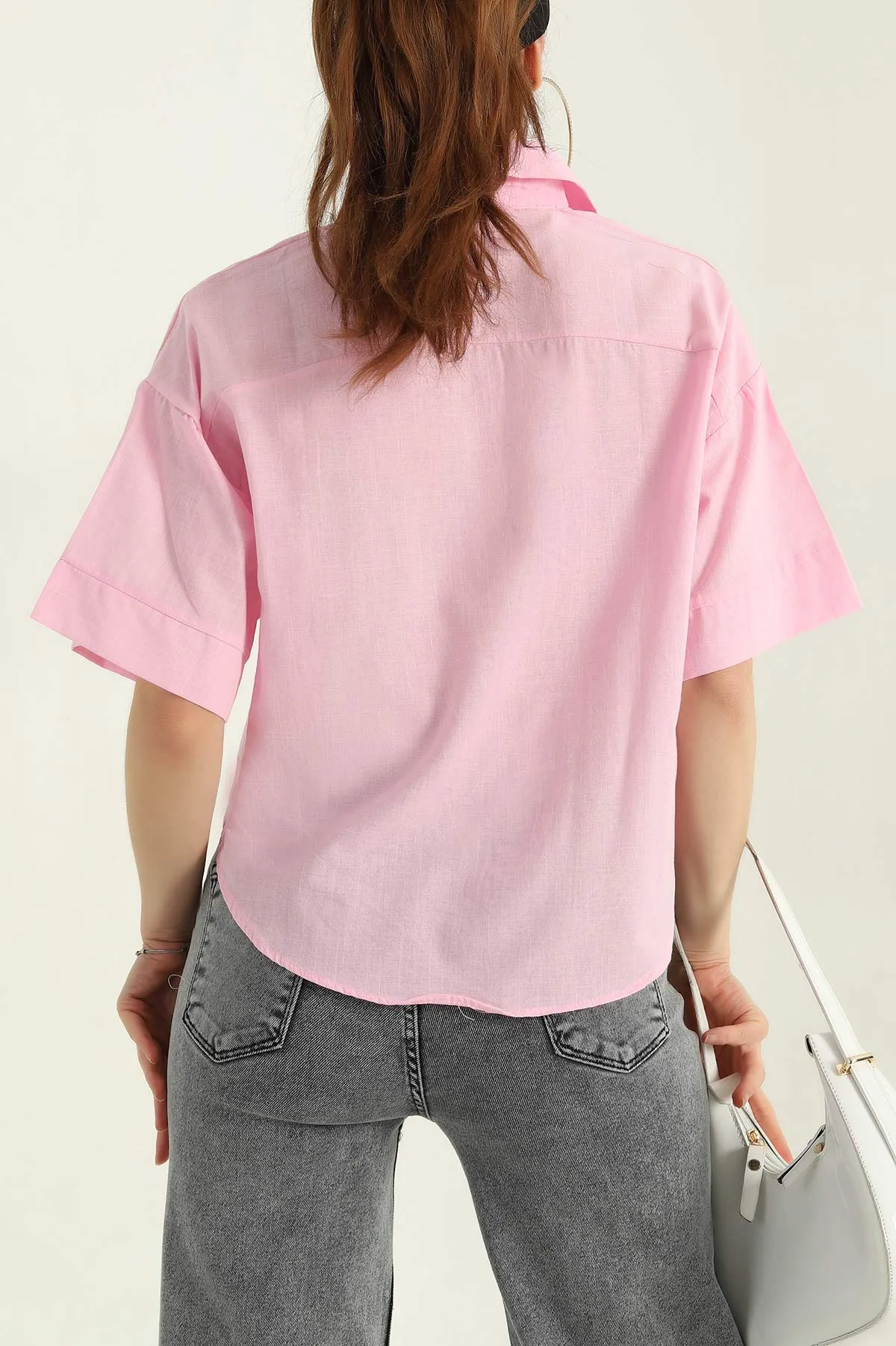 Pembe Kısa Kollu Kadın Keten Gömlek 366350